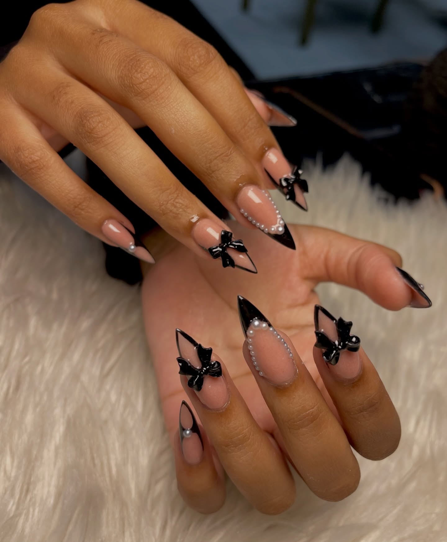 Black Bow Nail with Pearls