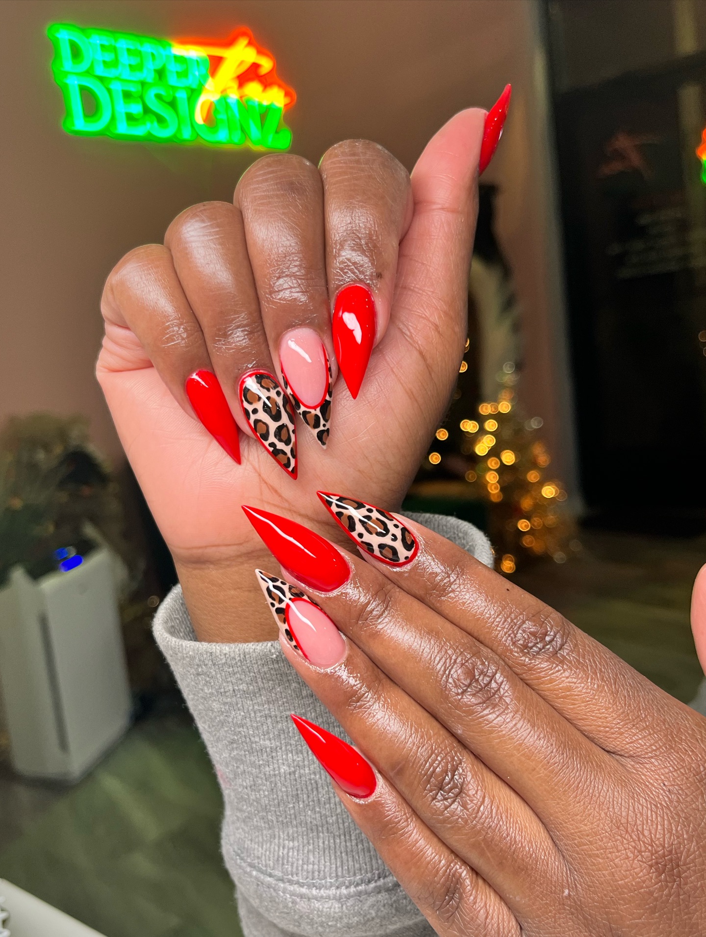 Bright Red Stiletto Fall Cheetah Nails