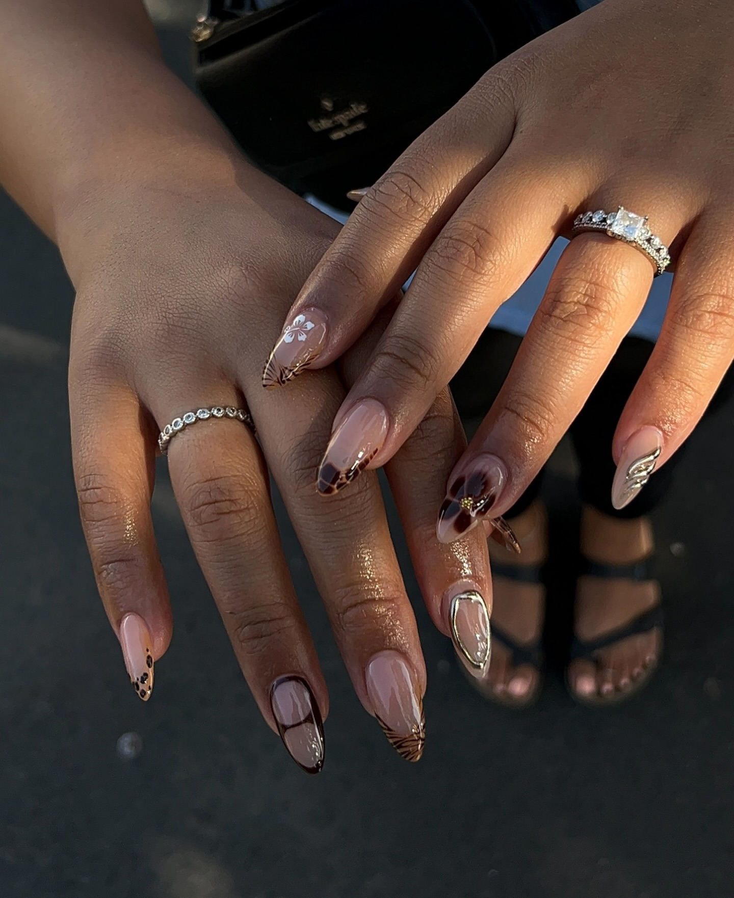 Brown and Gel Oval French Tips
