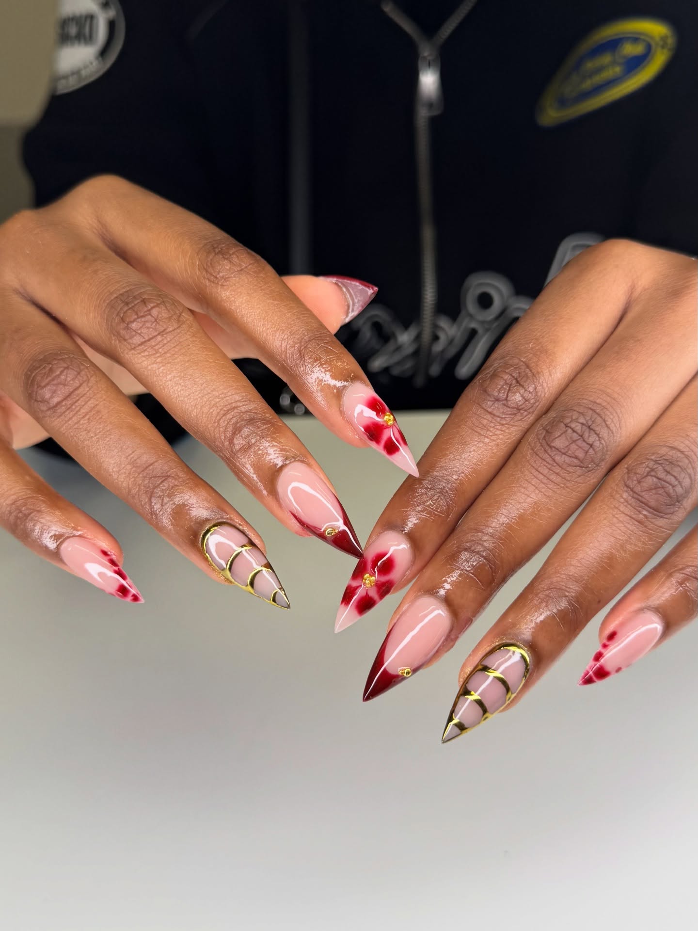 Fun Burgundy Christmas Nail Art with Gold Accent