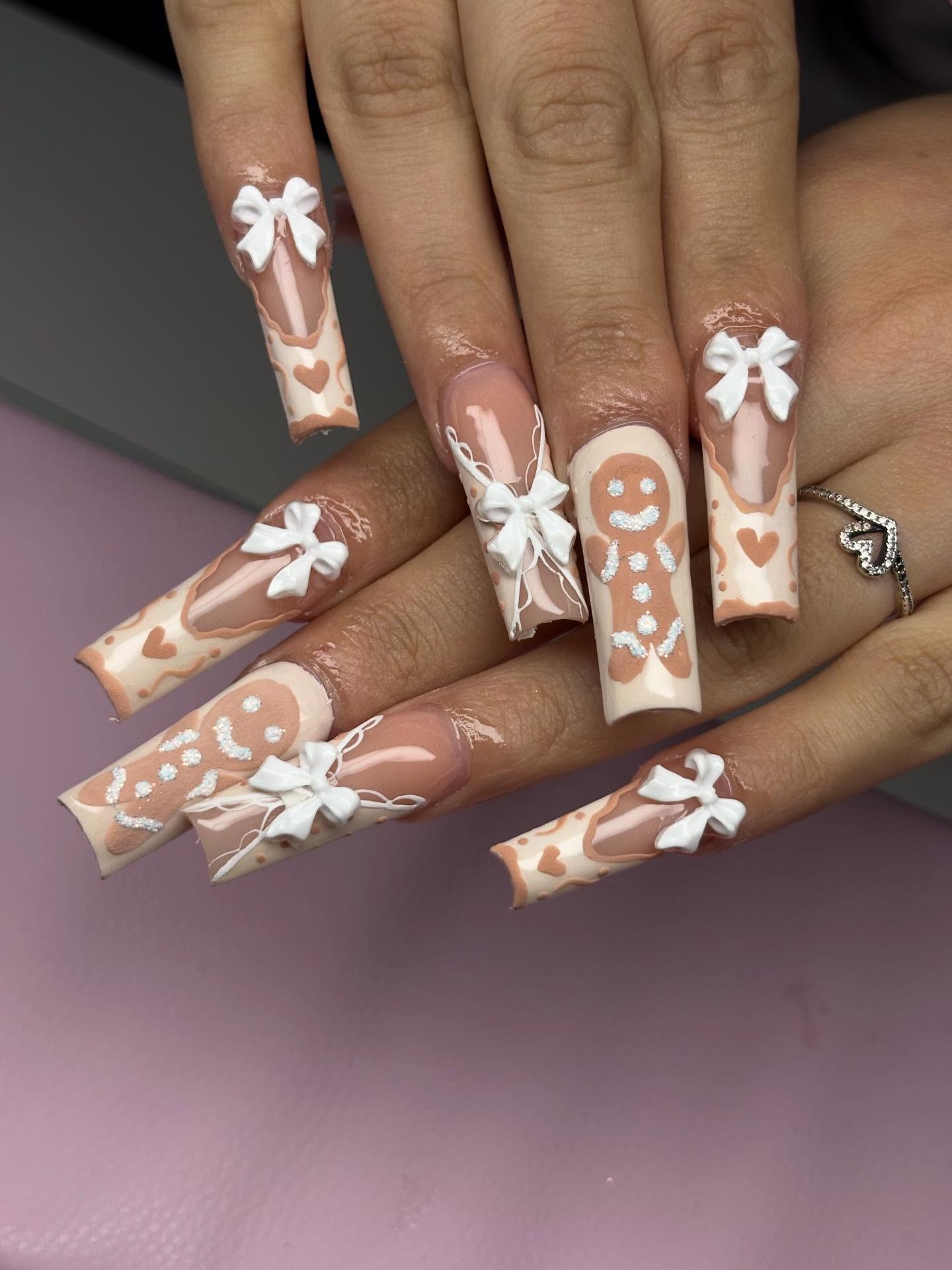 Gingerbread Man Plus Bow Nail Design