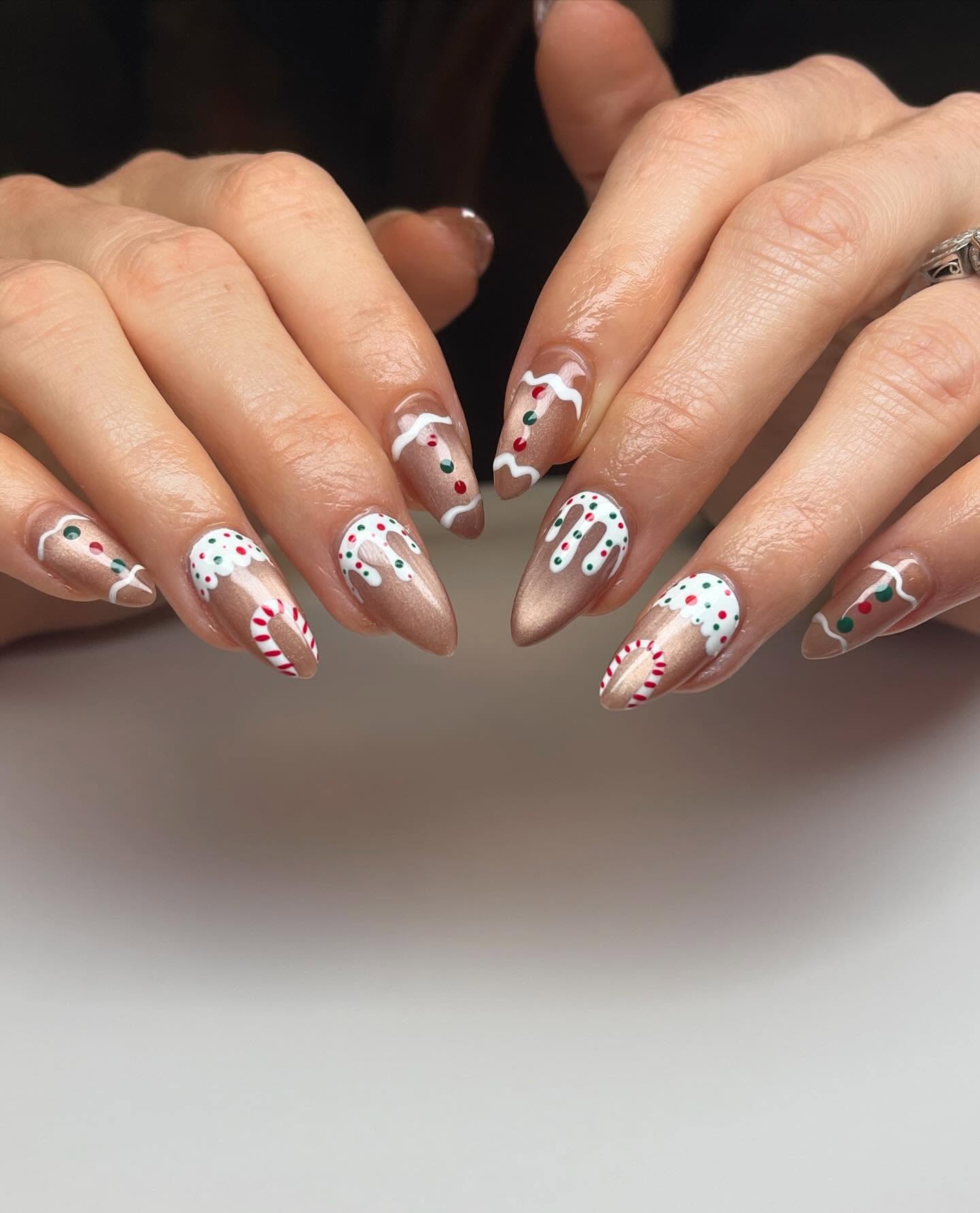 Glossy Gingerbread and Candy Cane Nails