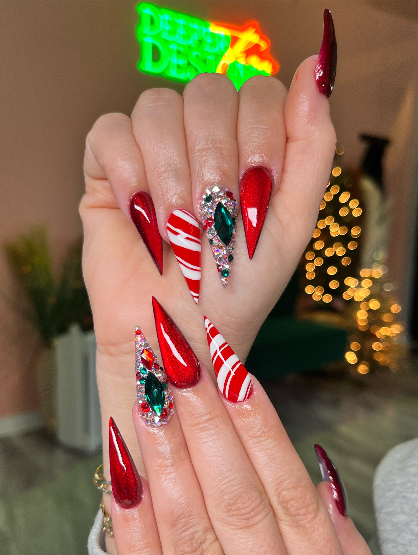Jewelled Cat Eye Candy Cane Nails