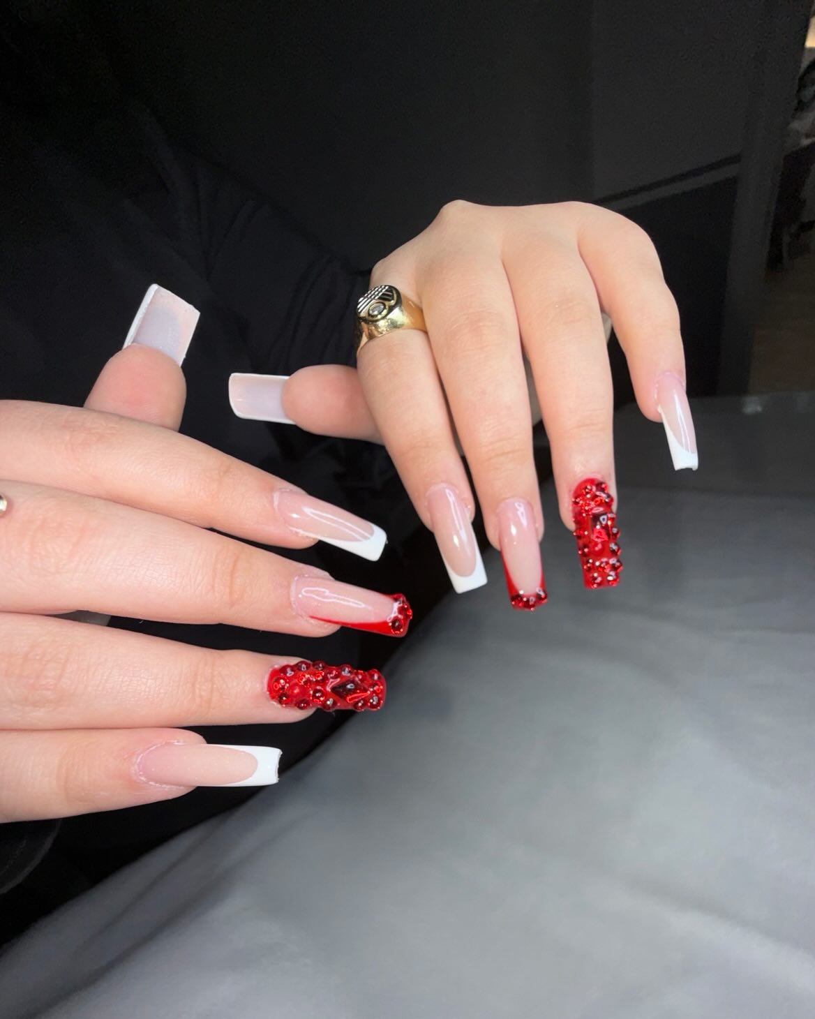 Red Christmas Nails Mixed with Neutral French Tips