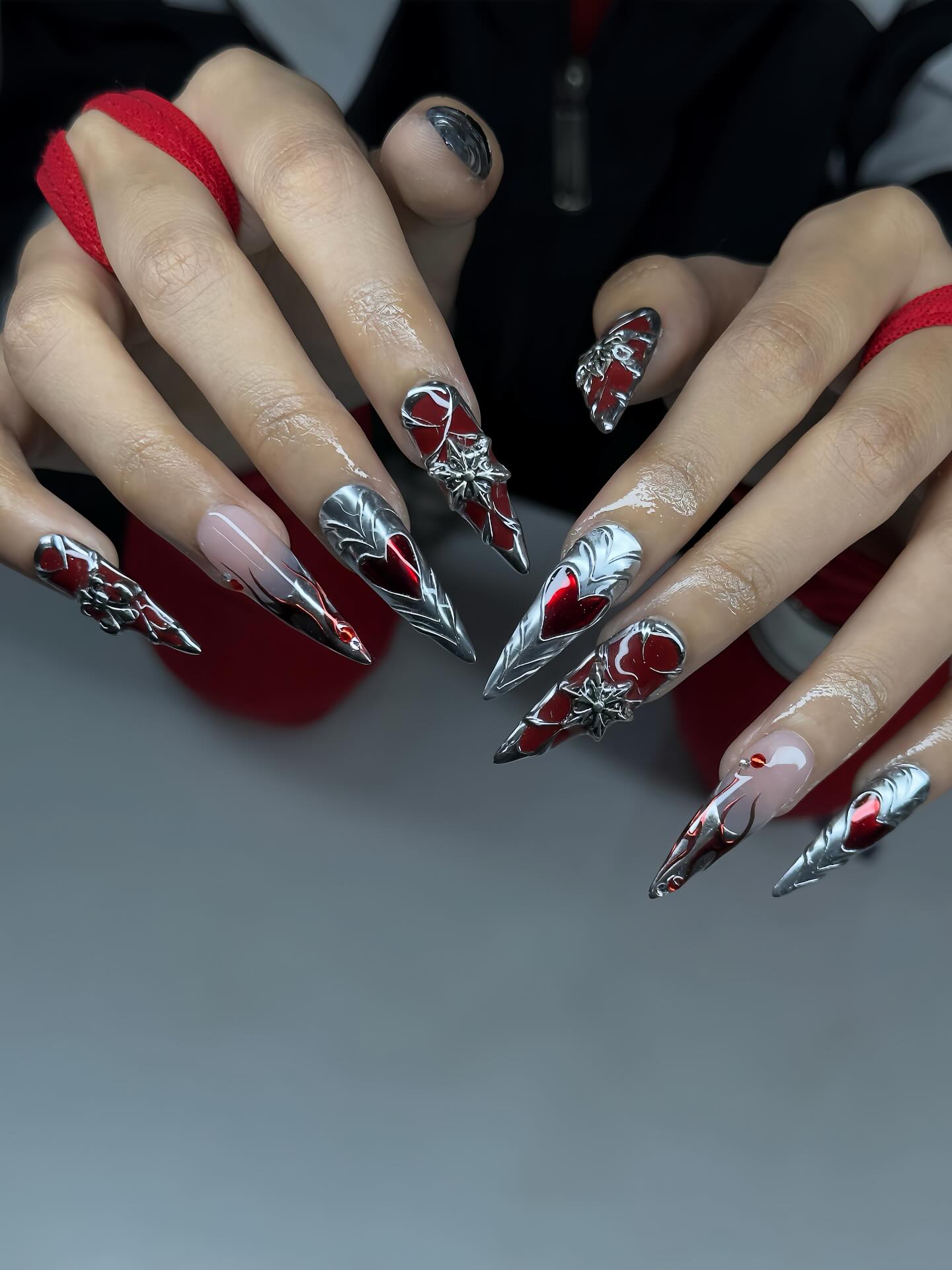 Red and Silver Chrome Stiletto Nails