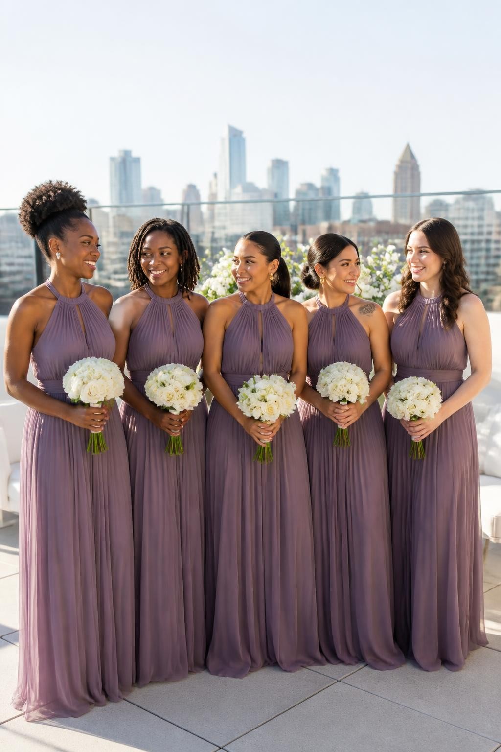 Realistic contemporary wedding photograph of five bridesmaids wearing muted violet chiffon halter gowns with narrow gathered necklines, fine vertical pleats through the bodices and skirts, and softly tied waistbands, women with deep neutral brown, warm copper, medium brown, golden olive, and fair complexions, different shoulder widths, ages, and body types, bright expressive faces with natural makeup and realistic under-eye texture, hairstyles including a high curly puff, shoulder-length locs, sleek ponytail, low bun, and loose waves, standing on a rooftop terrace with pale concrete, cream furniture, glass railings, white flowers, and a softly blurred city skyline, late-afternoon sunlight passing naturally through the pleats, crisp editorial DSLR detail.
