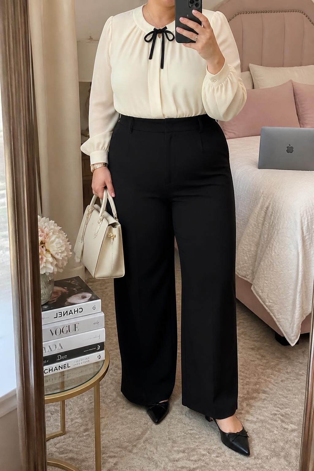 Mirror selfie of a plus size woman wearing high-waisted black wide-leg trousers in fluid crepe, a cream chiffon blouse with long sleeves and a small black velvet bow at the neckline, black pointed slingback flats, and a structured cream work bag, clearly showing the exact clothing items, black trousers, cream chiffon, bow detail, footwear, and accessories listed, holding a phone in front of a mirror, cropped at the neck so her face is hidden, relaxed elegant selfie pose, in a feminine-themed bedroom with soft indoor lighting, a stack of fashion magazines on a side table and a laptop on the bed, realistic professional interview outfit, latest iPhone photo quality.
