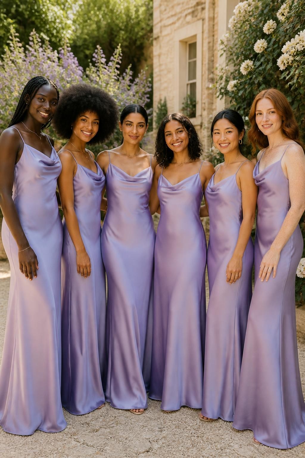 Realistic full-frame DSLR wedding photograph of six bridesmaids wearing floor-length lavender satin gowns with softly draped cowl necklines, narrow adjustable straps, shaped waists, and fluid bias-cut skirts, women with deep ebony, rich warm brown, caramel, olive, East Asian light beige, and fair freckled skin tones, varied ages, heights, and body shapes, bright beautiful faces with distinct features, realistic skin texture, natural smiles, makeup suited individually to each complexion, hairstyles including long knotless braids, a rounded afro, sleek low bun, shoulder-length curls, and brushed waves, standing in a sunlit garden courtyard with cream stone walls, pale purple flowers, white roses, and soft greenery, late-afternoon light creating believable highlights and natural folds across the satin, relaxed editorial wedding photography.