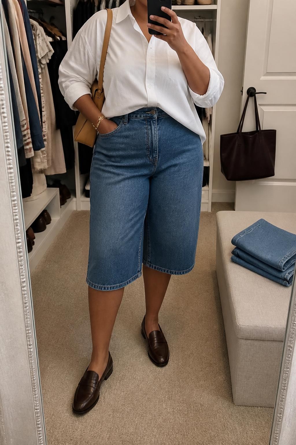mirror selfie of a plus size woman with medium brown skin wearing wide-leg medium-blue denim jorts with a high-rise waist, a crisp white cotton button-up shirt loosely tucked at the front, dark brown leather loafers, a tan structured shoulder bag and a simple gold bracelet, wearing exactly the listed clothing and accessories with nothing additional, holding a phone in front of a mirror, cropped at NECK so the face does not show, relaxed polished selfie pose, in a walk-in closet mirror, soft indoor lighting, folded denim jeans on a bench and a handbag hanging on a door handle, realistic latest iPhone photo quality.