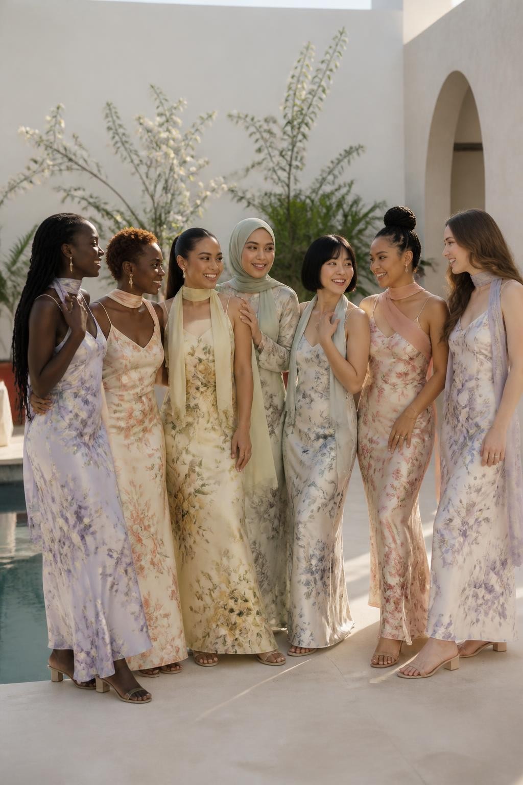 Realistic editorial wedding photograph of seven bridesmaids wearing bias-cut satin slip dresses printed with soft watercolor gardens in lavender, pale peach, butter yellow, dusty blue, and muted green over a warm cream background, matching narrow chiffon scarves styled differently around the neck or draped over one shoulder, women with deep ebony, reddish brown, medium golden, South Asian olive, East Asian beige, warm tan, and fair rosy skin tones, petite, tall, slim, curvy, and plus-size figures shown naturally, bright relaxed faces with individual features, realistic pores and genuine smiles, hairstyles including long locs, cropped coils, softly wrapped hijab, sleek bob, braided bun, glossy ponytail, and loose waves, standing in a minimalist courtyard with pale walls, white flowers, a reflecting pool, and late-afternoon sunshine, natural satin ripples, windblown scarves, and candid poses.