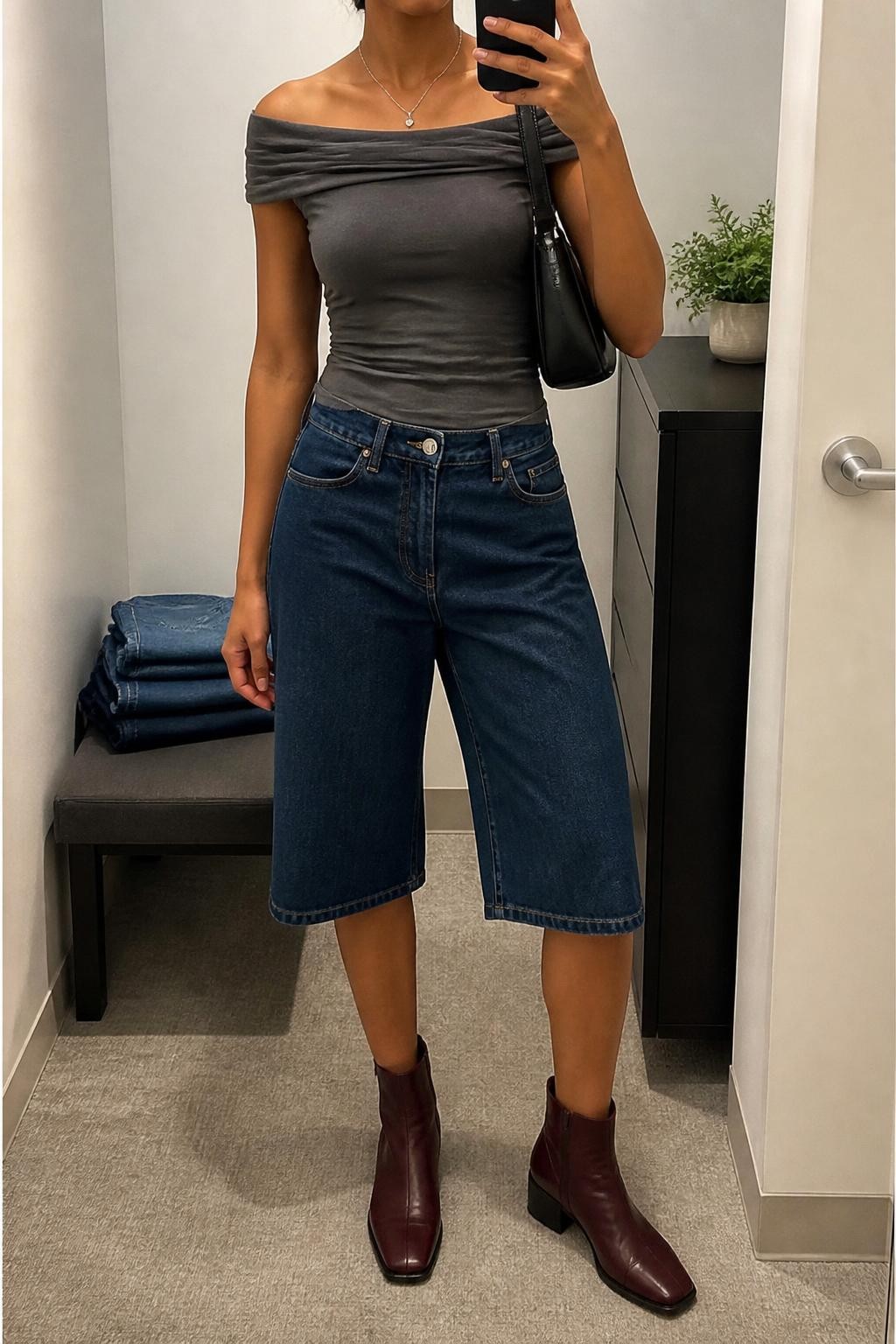 mirror selfie of a woman with medium brown skin wearing long dark blue denim jorts with a straight below-the-knee cut, a fitted charcoal gray off-shoulder stretch cotton top, burgundy leather ankle boots with a low block heel, a black rectangular shoulder bag and a thin silver pendant necklace, wearing exactly the listed clothing and accessories with nothing additional, holding a phone in front of a mirror, cropped at NECK so the face does not show, relaxed selfie pose, in a minimal dressing room, soft indoor lighting, folded denim jeans on a bench and a small plant on a dresser, believable everyday fashion photo, latest iPhone photo quality.