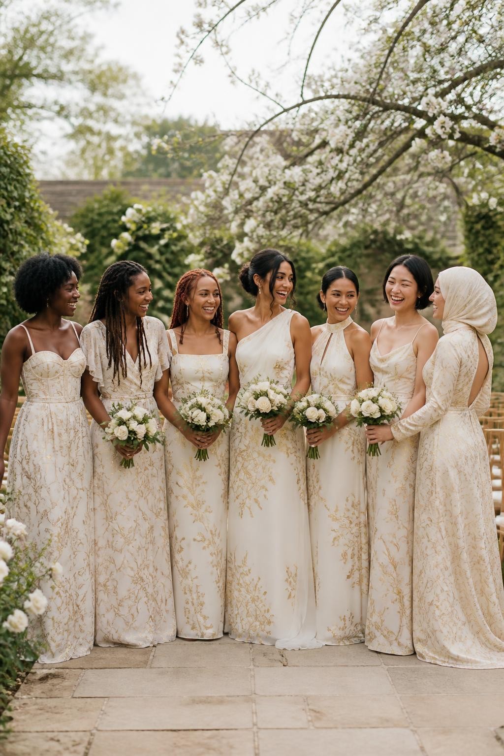 Realistic spring wedding photograph of seven bridesmaids wearing coordinated cream-based gowns with soft metallic gold botanical prints, patterns including delicate branches, scattered leaves, fine wildflowers, and small abstract blossoms, dress silhouettes including a corseted A-line gown, flutter-sleeve wrap dress, square-neck column, one-shoulder chiffon gown, halter dress, softly draped slip, and high-neck open-back gown, women with very deep brown, deep neutral brown, reddish brown, golden tan, South Asian olive, East Asian fair, and pale rosy skin, varied ages, heights, and body shapes, bright happy faces and genuine laughter, hairstyles including natural coils, locs, braids, waves, sleek buns, short hair, and softly wrapped hijab, standing in an English-style garden with white roses, flowering trees, pale stone paths, and wooden ceremony chairs, soft overcast daylight showing accurate print details and realistic fabric texture.