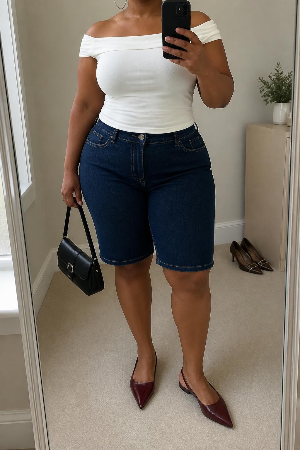 mirror selfie of a plus size Black woman wearing dark blue structured denim jorts with a clean knee-length fit, a fitted white off-shoulder stretch cotton top, burgundy slingback flats, a black mini handbag and medium silver hoop earrings, wearing exactly the listed outfit with no extra garments, holding a phone in front of a mirror, cropped at NECK so the face does not show, relaxed polished selfie pose, in a minimal dressing room, natural window light, a small plant on a dresser and a pair of heels on the floor nearby, believable latest iPhone photo quality.