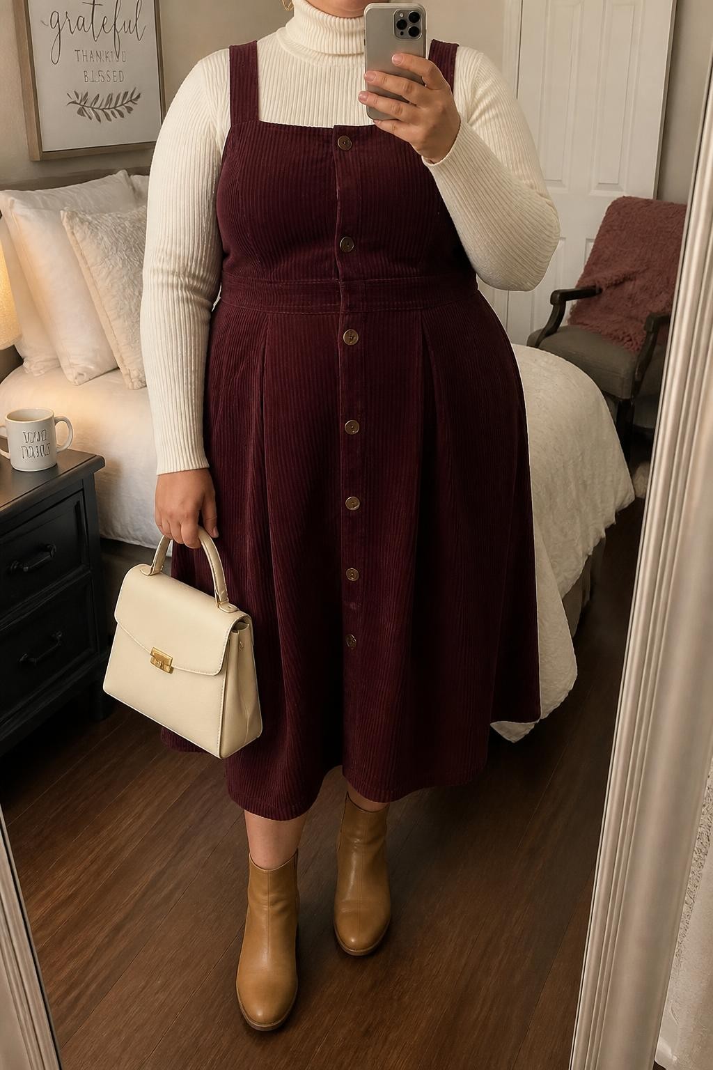 Mirror selfie of a plus size woman wearing a burgundy corduroy pinafore midi dress with a softly fitted waist and front buttons, layered over a fitted cream ribbed long-sleeve turtleneck, tan leather ankle boots with low block heels, a cream top-handle bag, and small gold hoop earrings, clearly showing the exact clothing layers, burgundy corduroy, cream knit, footwear, and accessories listed, holding a phone in front of a mirror, cropped at the neck so her face does not show, relaxed warm selfie stance, in a feminine-themed bedroom with soft indoor lighting, a folded blanket on a chair and a coffee mug on a bedside table, realistic cozy Thanksgiving appearance, latest iPhone photo quality.