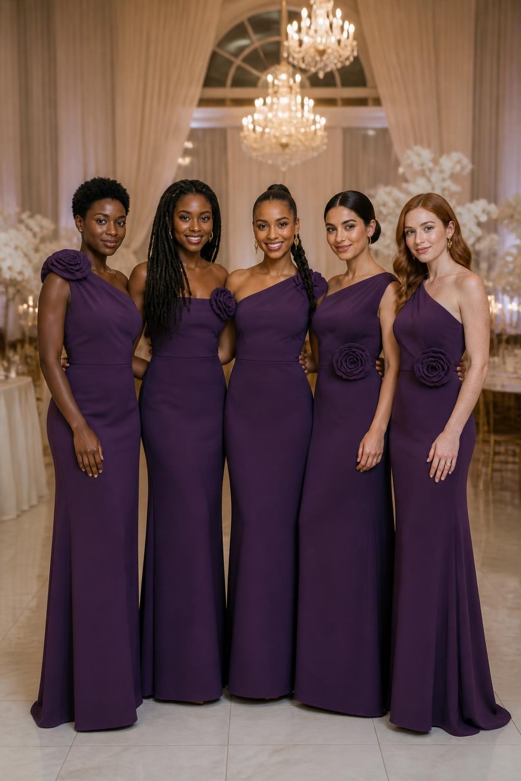 Realistic formal wedding portrait of five bridesmaids wearing amethyst purple matte crepe column gowns with sculpted fabric rosettes placed along one shoulder, across the neckline, or at the waist, women with deep blue-black, dark warm brown, caramel, olive, and fair freckled skin tones, bright confident faces with distinct facial structures, realistic evening makeup, hairstyles including short natural coils, long locs, braided ponytail, polished chignon, and soft waves, standing inside a grand hotel ballroom with cream drapery, crystal chandeliers, candlelit tables, and white orchid arrangements, directional lighting showing the handmade folds of the rosettes and smooth weight of the fabric, poised but natural full-frame DSLR wedding photography.