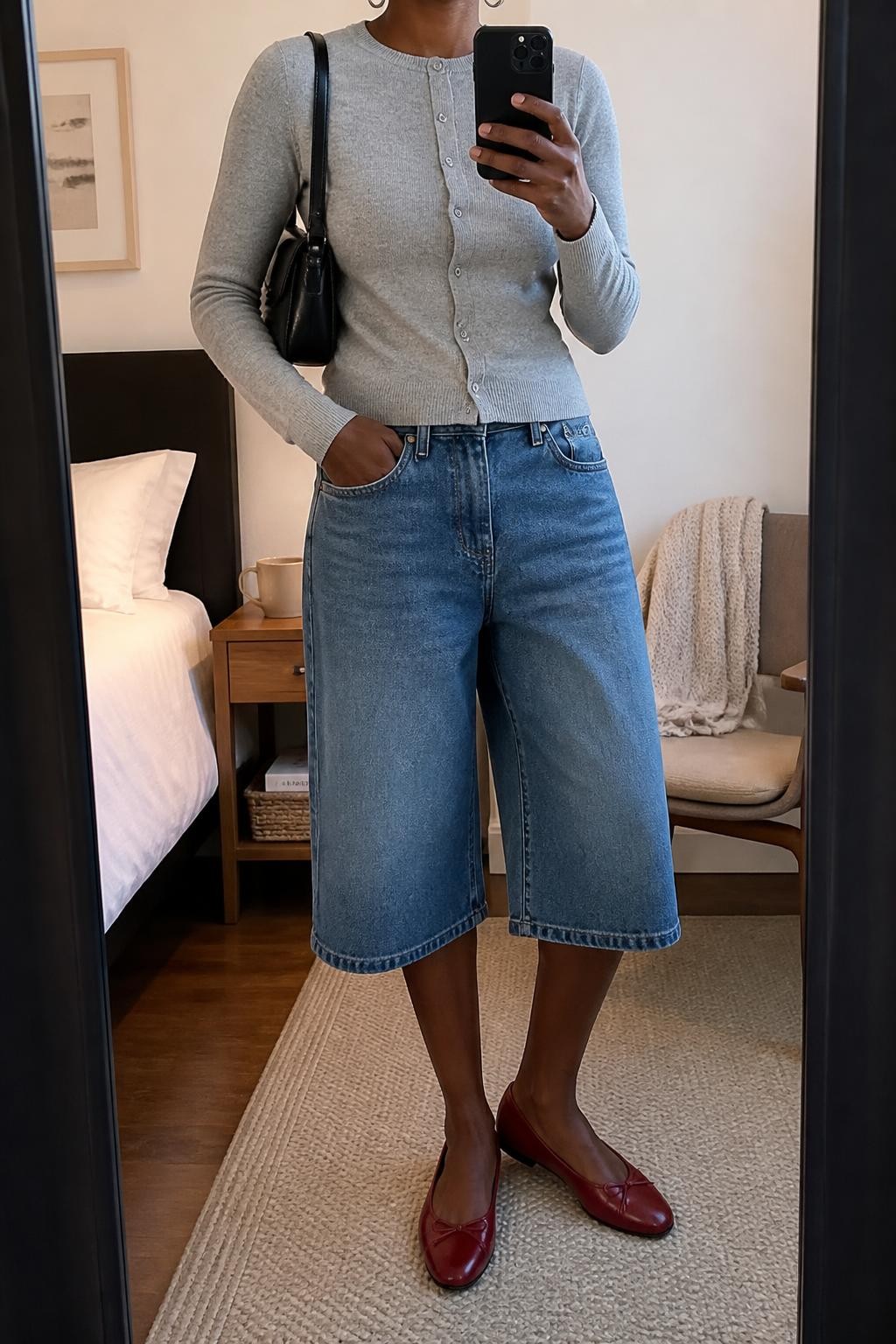 mirror selfie of a Black woman wearing extra-long medium-wash blue denim jorts falling below the knee, a fitted heather gray fine-knit cardigan buttoned as a top, red leather ballet flats, a black rectangular shoulder bag and small silver hoop earrings, wearing exactly the listed outfit without extra clothing pieces, holding a phone in front of a mirror, cropped at NECK so the face does not show, relaxed casual selfie pose, in a cozy bedroom mirror setup, soft indoor lighting, coffee mug on a bedside table and a folded blanket on a chair, believable everyday styling, latest iPhone photo quality.