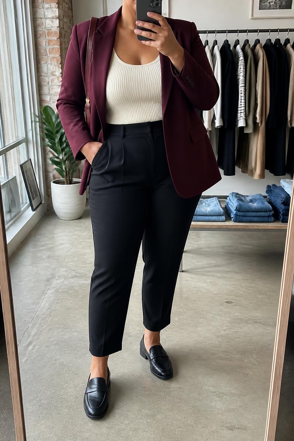 Mirror selfie of a plus size woman wearing a burgundy tailored blazer over a fitted cream scoop-neck knit top, high-waisted black ankle-length trousers with a tapered cut, black leather loafers, and a structured burgundy shoulder bag, clearly showing the exact clothing items, colors, fabrics, trouser length, footwear, and accessories listed, holding a phone in front of a mirror, cropped at the neck so the face does not appear, relaxed confident selfie stance, in a fashion studio mirror corner with natural window light, a clothing rack with garments behind her and folded denim jeans on a bench, realistic business-casual interview styling, latest iPhone photo quality.