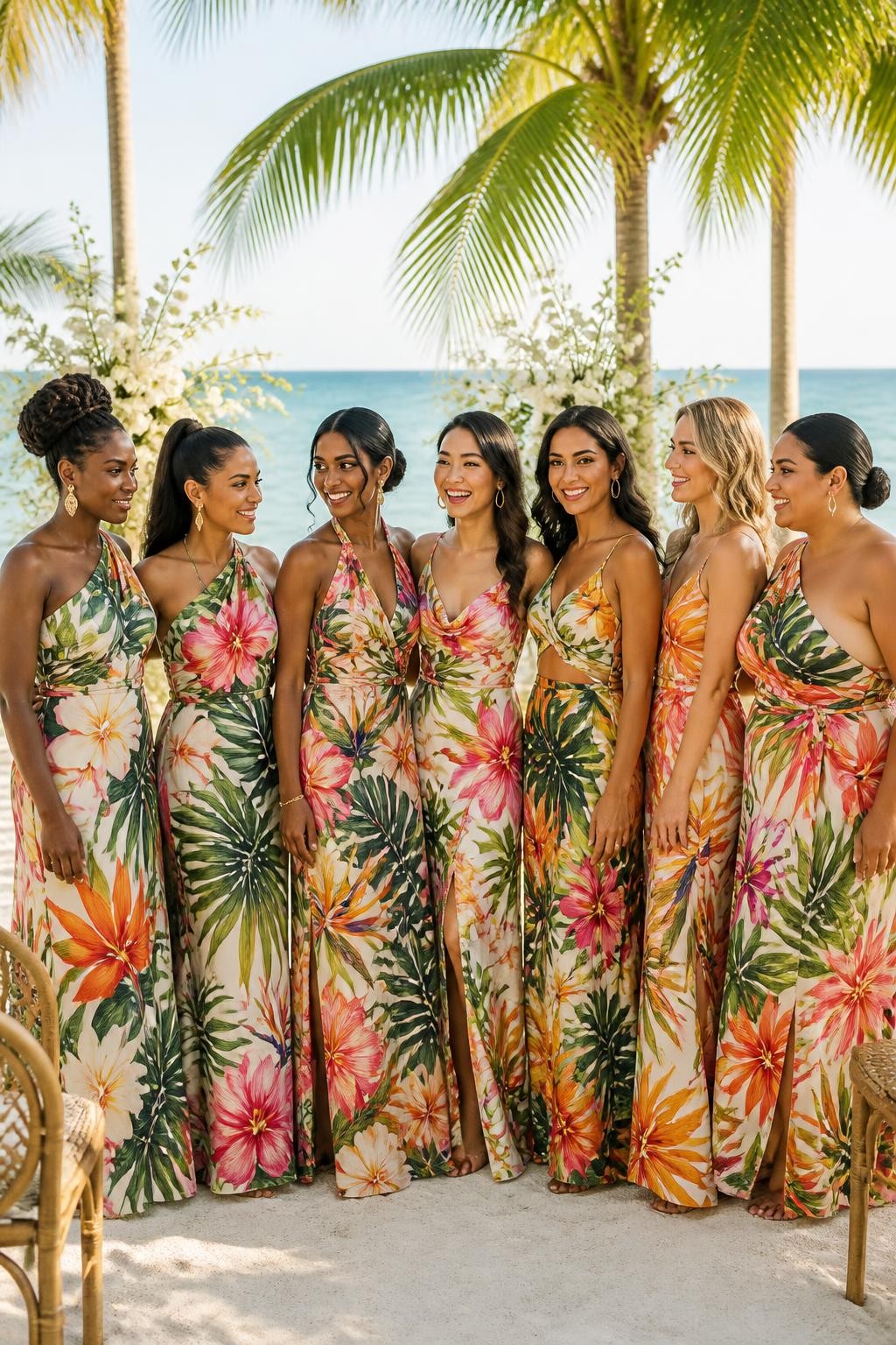 Realistic tropical destination wedding photograph of seven bridesmaids wearing draped maxi dresses printed with oversized palm leaves, hibiscus flowers, orchids, and bird-of-paradise blooms in emerald, coral, fuchsia, mango, and cream, silhouettes including one-shoulder, cowl-neck, halter, wrap, and softly ruched column styles within one coordinated print collection, women of West African, Latina, South Asian, East Asian, Middle Eastern, and European appearance with deep, reddish brown, golden, olive, tan, and fair skin tones, different ages and body shapes, bright beautiful faces with natural smiles, realistic skin texture and humidity-softened hair, hairstyles including coils, braids, locs, glossy ponytails, smooth buns, and windblown waves, standing beneath palms at a beachfront ceremony with white flowers, rattan chairs, pale sand, and blue ocean, warm filtered sunlight and natural sea breeze.