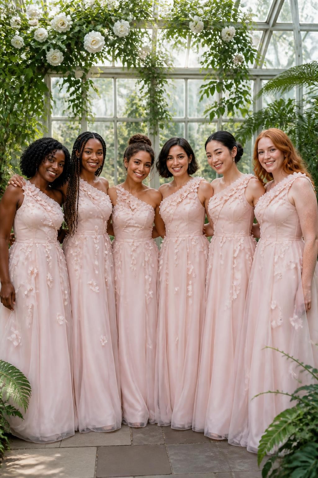Realistic greenhouse wedding portrait of six bridesmaids wearing pale blush organza gowns with handmade three-dimensional blossoms placed asymmetrically over one shoulder, along the neckline, and lightly across the upper skirt, fitted opaque bodices and airy layered floor-length skirts, women with deep mahogany, rich brown, medium golden, olive, East Asian fair, and pale freckled skin tones, varied ages and body shapes, bright beautiful faces with natural smiles and realistic highlights, hairstyles including springy coils, long braids, twisted updo, polished bob, sleek bun, and loose waves, standing inside a glass botanical greenhouse filled with white roses, climbing greenery, ferns, and diffused daylight, translucent fabric layers catching the light softly, individual petals casting tiny believable shadows, visible hand-finished edges and natural skirt movement.