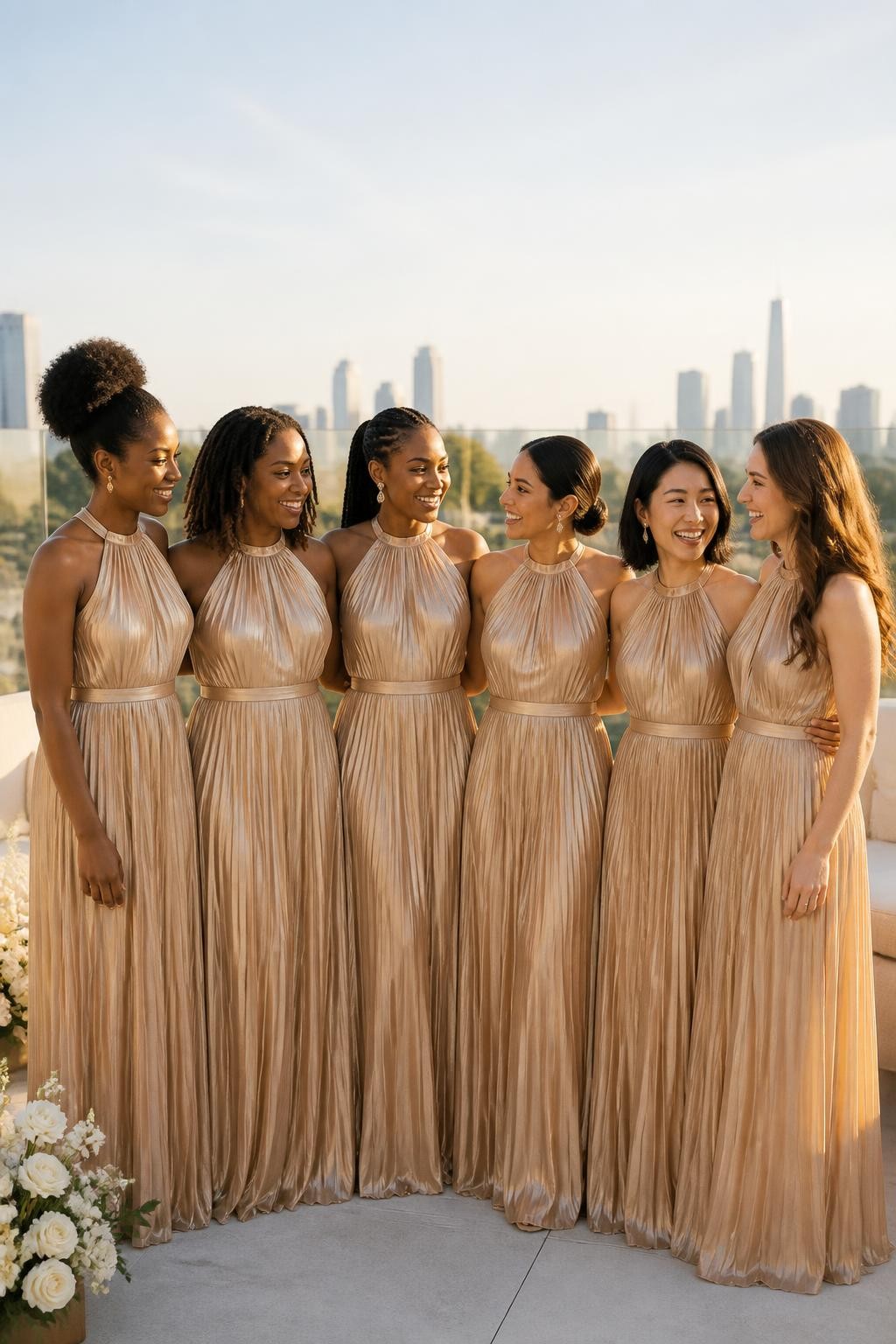 Realistic contemporary wedding photograph of six bridesmaids wearing champagne gold chiffon-lamé halter gowns with gathered high necklines, fine vertical pleats through the bodices and skirts, and narrow softly tied waistbands, women with deep neutral brown, warm copper, rich medium brown, golden olive, East Asian fair, and pale peach complexions, varied shoulder widths, ages, and body types, bright expressive faces with realistic under-eye texture and individually suited makeup, hairstyles including a high curly puff, shoulder-length locs, braided ponytail, sleek low bun, glossy bob, and loose waves, standing on a modern rooftop terrace with pale concrete, cream furniture, glass railings, white flowers, and a softly blurred skyline, late-afternoon light passing naturally through the fine pleats, controlled metallic shimmer and believable movement.