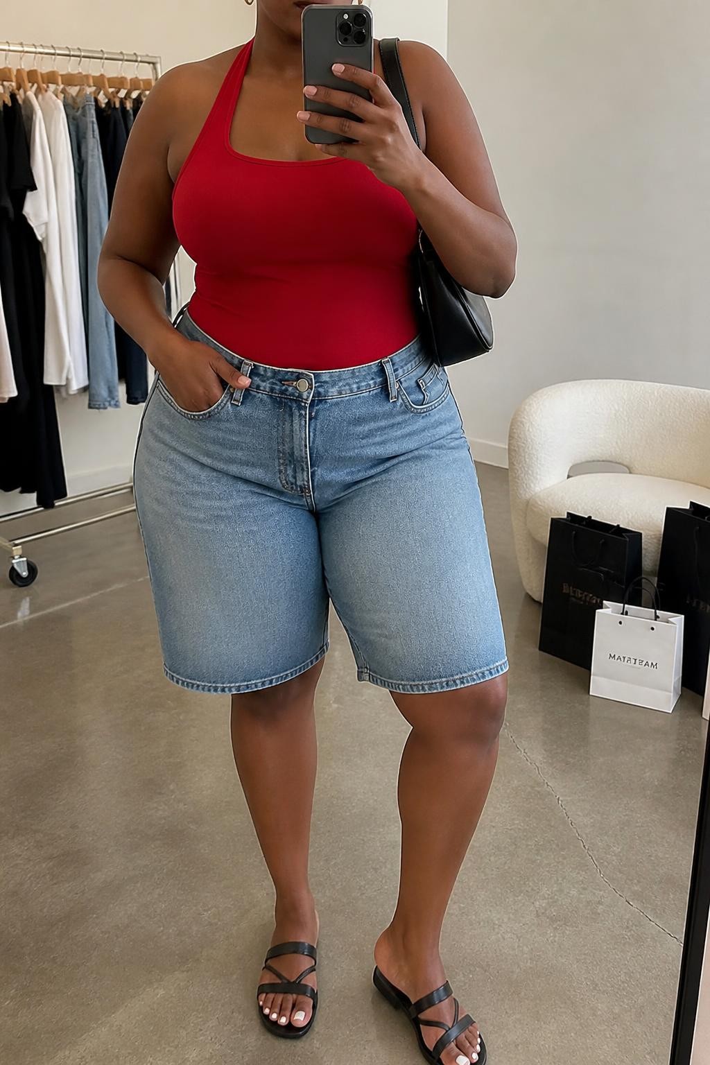 mirror selfie of a plus size Black woman wearing faded medium-blue denim jorts with a relaxed knee-length fit, a fitted cherry red halter top in stretch cotton, black flat sandals with slim straps, a black leather shoulder bag and small gold hoop earrings, wearing exactly the listed outfit with no extra garments, holding a phone in front of a mirror, cropped at NECK so the face does not show, relaxed confident selfie pose, in a fashion studio mirror corner, soft indoor lighting, clothing rack with garments behind and shopping bags beside a chair, natural latest iPhone photo quality.