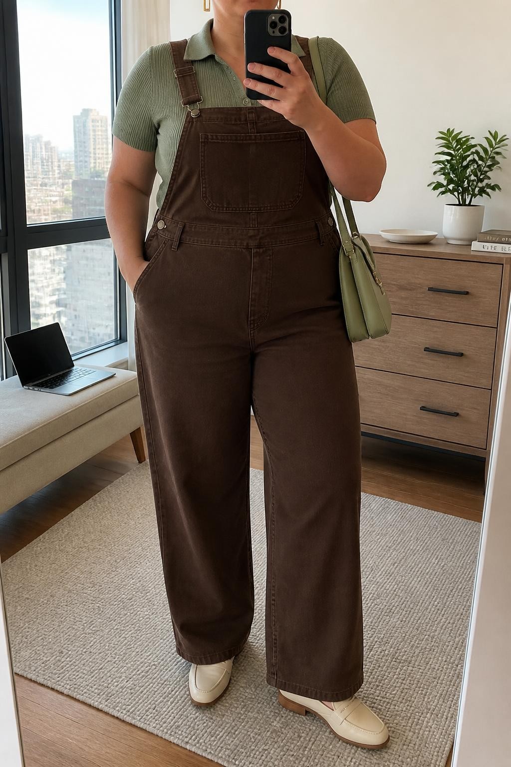 Mirror selfie of a plus size woman wearing chocolate brown denim overalls with relaxed wide legs and a softly structured bib, layered over a fitted sage green short-sleeve knit polo, cream leather loafers, a structured sage green shoulder bag, and delicate gold rectangular earrings, clearly showing the exact clothing items, chocolate denim, sage knit, colors, footwear, and accessories listed, holding a phone in front of a mirror, cropped at the neck so her face does not appear, relaxed sophisticated selfie stance, in a stylish city apartment with natural window light, a laptop on a bench and a small plant on a dresser, realistic polished daytime outfit, latest iPhone photo quality.