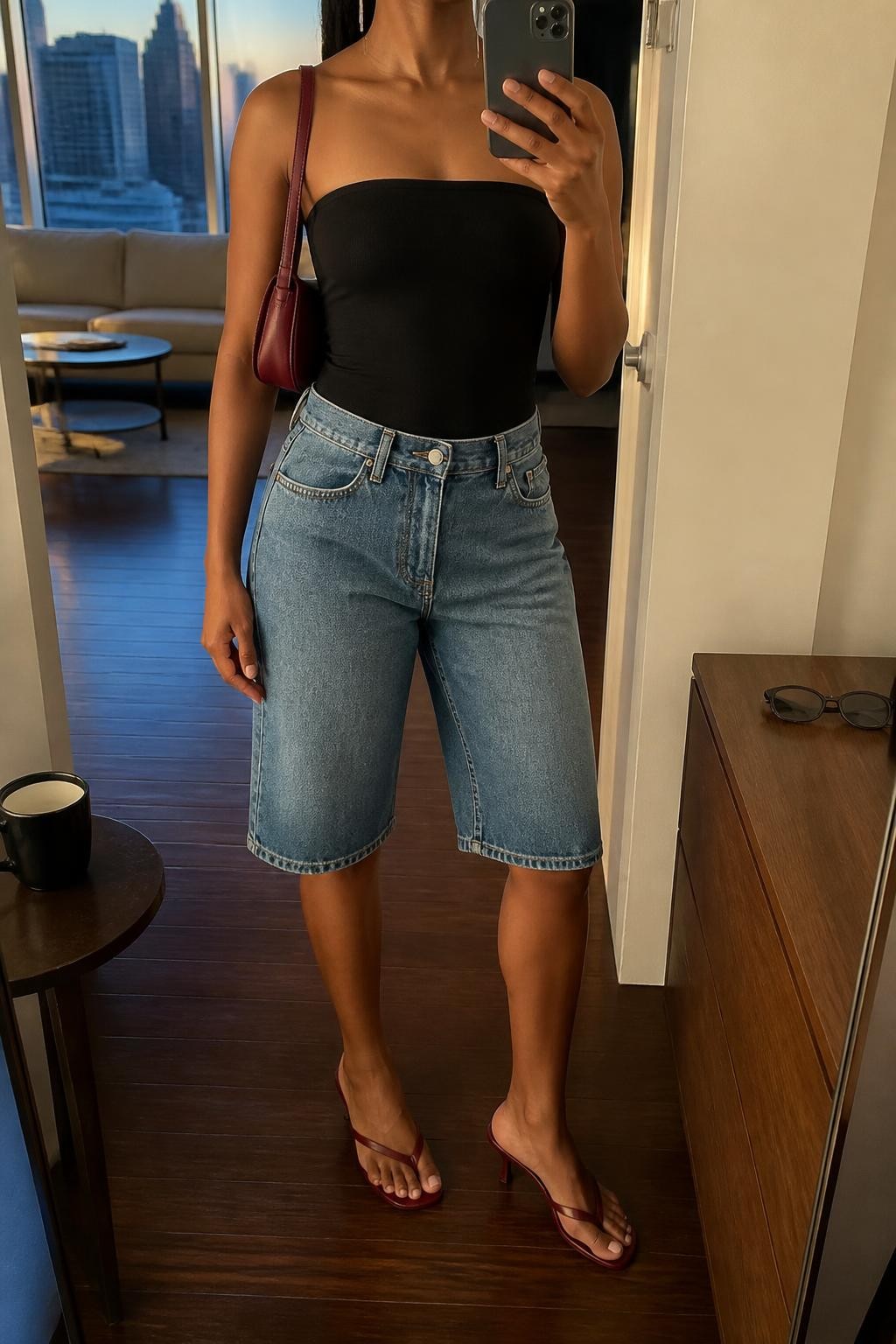 mirror selfie of a Black woman wearing long medium-blue denim jorts ending near the knee, a fitted black stretch cotton tube top, burgundy strappy heeled sandals with a slim low heel, a burgundy leather shoulder bag and slim silver drop earrings, wearing exactly the listed clothing and accessories with nothing additional, holding a phone in front of a mirror, cropped at NECK so the face does not show, relaxed casual selfie pose, in a stylish city apartment, evening golden hour, coffee mug on a side table and sunglasses placed on a dresser, believable latest iPhone photo quality.