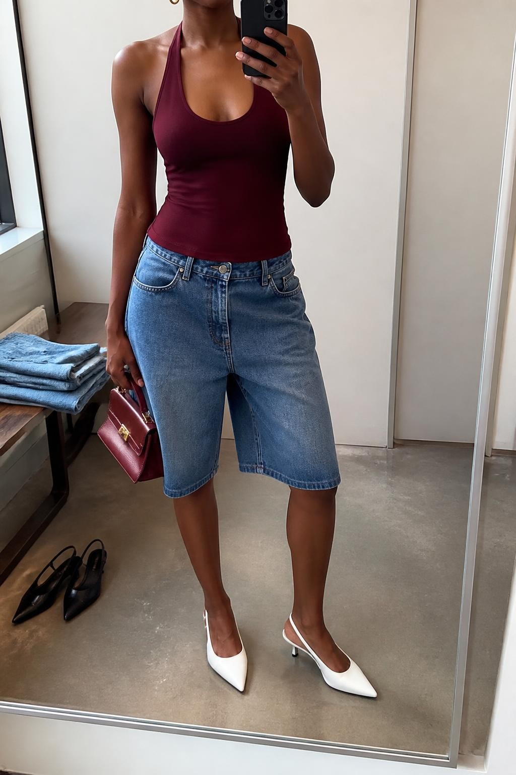 mirror selfie of a Black woman wearing baggy medium-wash blue denim jorts with a relaxed knee-length fit, a fitted burgundy halter top, white pointed slingback heels with a low heel, a structured burgundy mini handbag and small gold hoop earrings, wearing exactly the listed clothing and accessories with no added garments, holding a phone in front of a mirror, cropped at NECK so the face does not show, relaxed confident selfie pose, in a minimal dressing room, natural window light, folded denim jeans on a bench and a pair of heels on the floor nearby, natural latest iPhone photo quality.