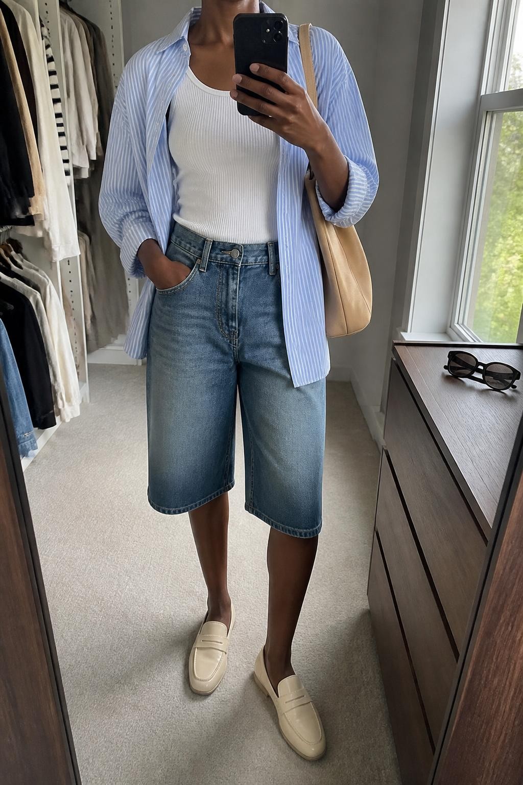 mirror selfie of a Black woman wearing vintage-wash blue long denim jorts ending below the knee, a loose pale blue and white striped cotton button-up worn open over a fitted white ribbed tank, cream leather loafers and a tan shoulder bag, wearing exactly the outfit pieces listed with no added garments or accessories, holding a phone in front of a mirror, cropped at NECK so the face does not show, relaxed casual selfie pose, in a walk-in closet mirror, natural window light, open closet with clothes visible and sunglasses placed on a dresser, realistic latest iPhone photo quality.