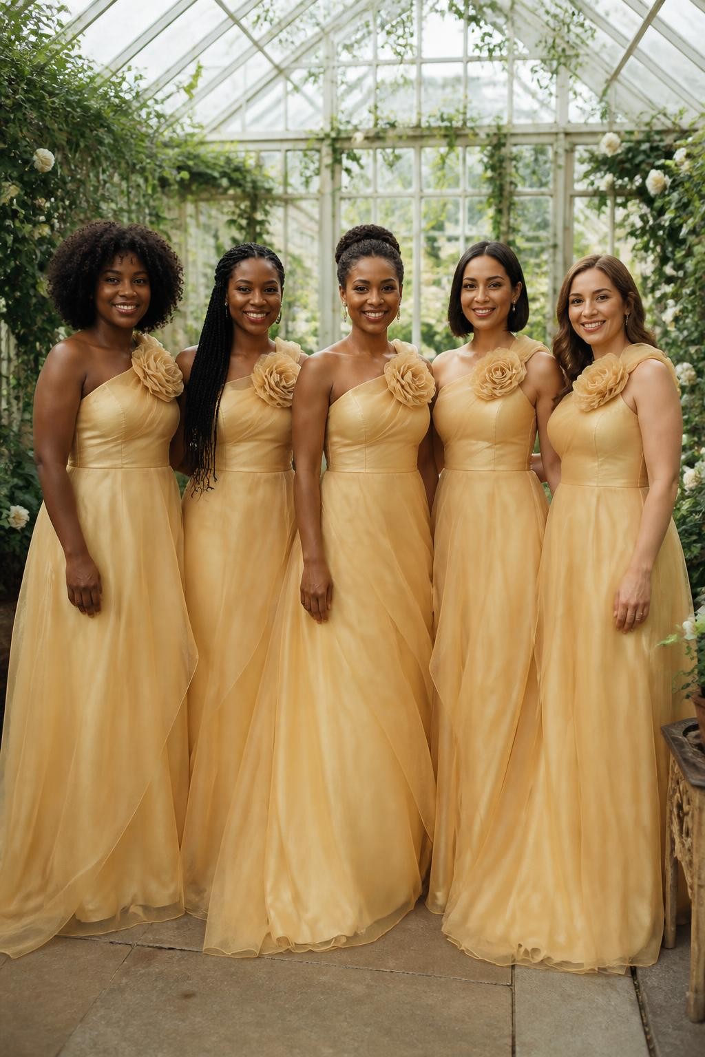 Realistic greenhouse wedding portrait of five bridesmaids wearing soft gold organza gowns with large handmade rosettes positioned along one shoulder, fitted semi-matte bodices, and airy layered floor-length skirts, women with deep mahogany, rich brown, medium golden, olive, and fair peach skin tones, naturally varied ages and body shapes, bright beautiful faces with realistic skin highlights and individual smiles, hairstyles including springy coils, long braids, a twisted updo, polished bob, and loose waves, standing inside a glass botanical greenhouse filled with white roses, climbing greenery, ferns, and diffused daylight, translucent gold organza layers catching the light softly, rosette petals casting tiny natural shadows, believable fabric edges and gentle skirt movement.