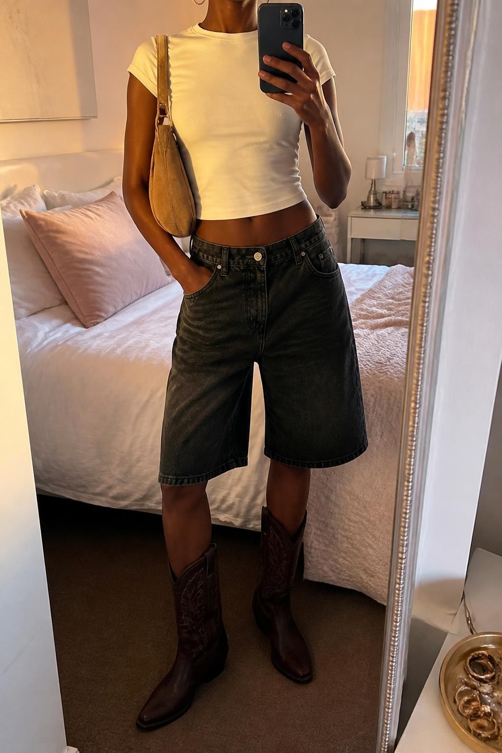 mirror selfie of a Black woman wearing baggy washed black denim jorts ending near the knee, a fitted cream cotton baby tee, dark brown leather cowboy boots with subtle western stitching, a soft tan suede shoulder bag and small gold hoop earrings, wearing exactly the listed outfit with no extra clothing or accessories, holding a phone in front of a mirror, cropped at NECK so the face does not show, relaxed casual selfie pose, in a feminine-themed bedroom, evening golden hour, soft pillows on an unmade bed and a jewelry tray on the vanity, natural casual styling, latest iPhone photo quality.