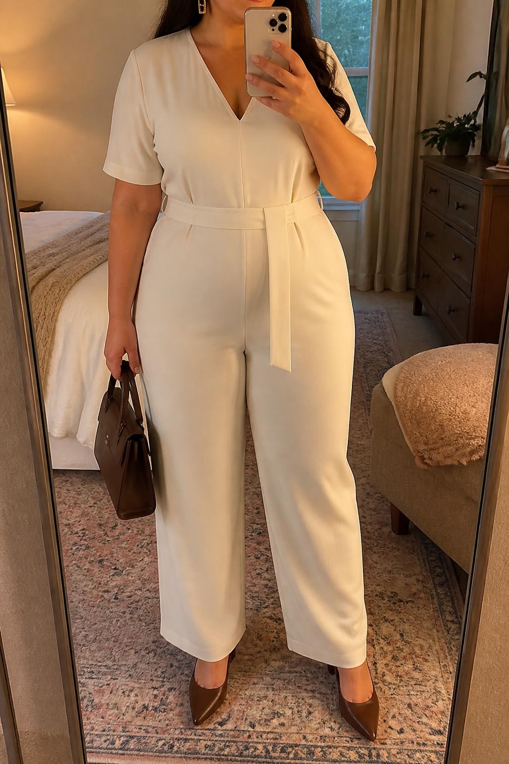 Mirror selfie of a plus size woman wearing an ivory crepe straight-leg jumpsuit with short sleeves, a modest V-neckline, and a matching fabric belt, dark brown pointed block heels, a structured dark brown handbag, and delicate gold rectangular earrings, clearly showing the exact jumpsuit, ivory color, waist belt, footwear, and accessories listed, holding a phone in front of a mirror, cropped at the neck so her face does not show, relaxed polished selfie stance, in a cozy bedroom mirror setup with evening golden-hour lighting, a folded blanket on a chair and a small plant on a dresser, realistic interview outfit, latest iPhone photo quality.