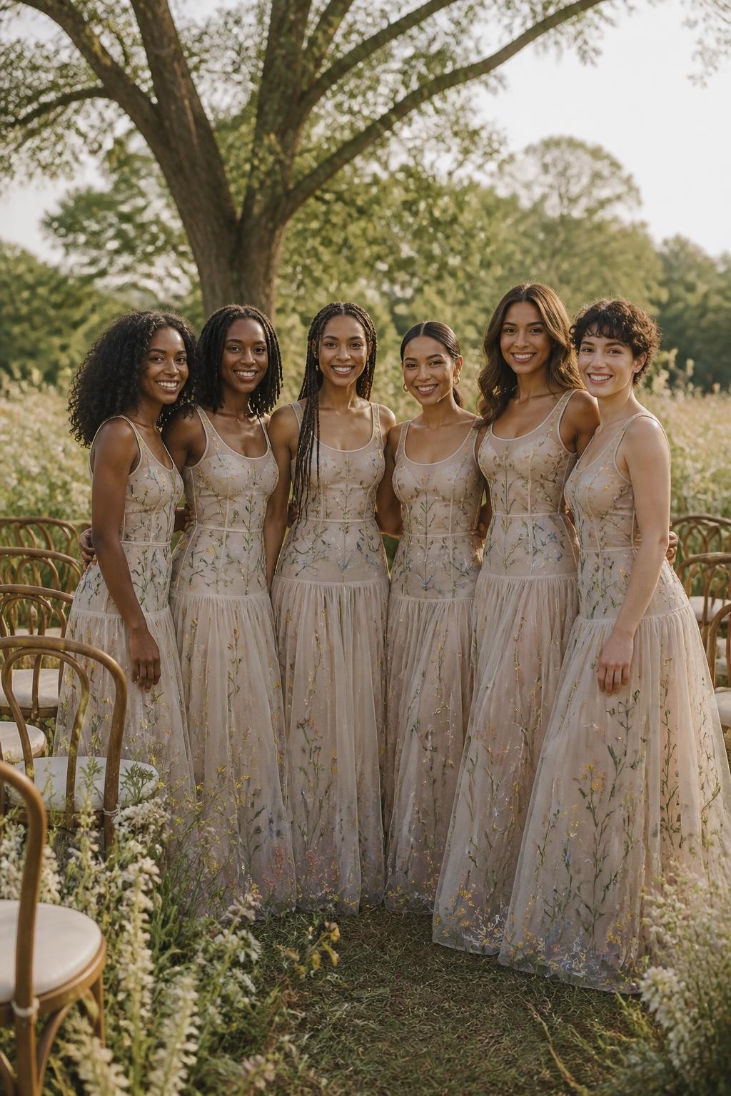 Realistic romantic meadow wedding photograph of six bridesmaids wearing sheer ivory tulle dresses over soft champagne linings, delicately embroidered with scattered wildflowers in dusty blue, pale yellow, muted coral, lilac, and soft green thread, fitted scoop-neck bodices, elongated dropped waists, and light gathered skirts beginning around the upper hip, women with deep ebony, warm mahogany, medium brown, golden tan, olive, and fair skin tones, different body shapes and heights, bright expressive faces with realistic skin texture, hairstyles including natural curls, shoulder-length locs, long braids, smooth low bun, layered waves, and short coils, standing in a meadow ceremony space with cream wildflowers, wooden chairs, mature trees, and soft afternoon light, embroidery following the real movement of the fabric, visible tulle layers, and gentle breeze through the skirts.
