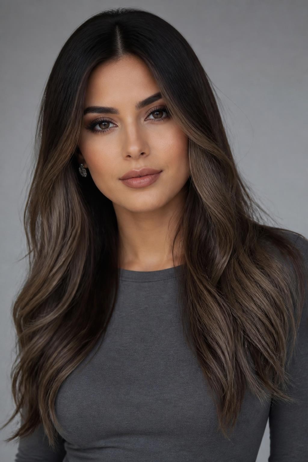Image Prompt: A beautiful brunette woman with long ash brown ombre hair, deep brown roots blending into cool ash brown mid-lengths and soft smoky brown ends, sleek loose waves, neutral medium skin tone, soft neutral makeup, nude matte lips, silver earrings, gray fitted top, clean studio background, soft cool lighting, realistic DSLR beauty editorial portrait, detailed cool brunette color blend, no text, (no watermarks on images)