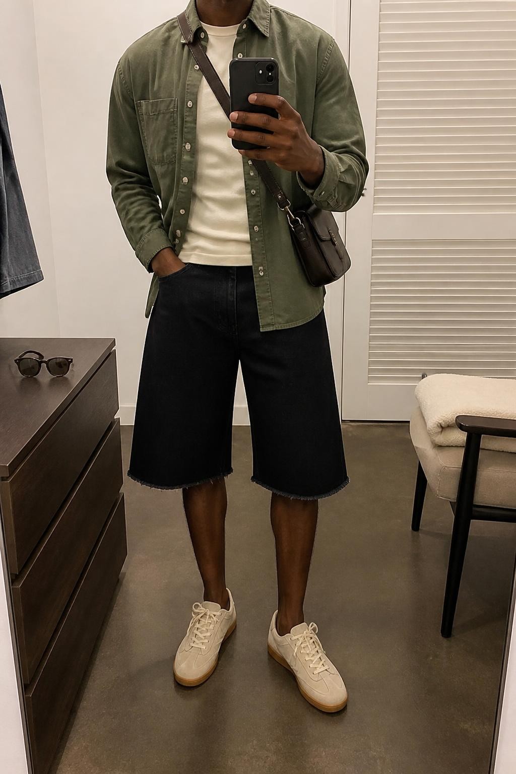 mirror selfie of a Black man wearing raw-hem relaxed black denim jorts, an open olive green cotton overshirt over a fitted cream T-shirt, beige suede sneakers and a dark brown leather crossbody bag, wearing the exact outfit listed with no extra clothing pieces, holding a phone in front of a mirror, cropped at NECK so the face does not show, relaxed casual selfie pose, in a minimal dressing room, soft indoor lighting, folded blanket on a chair and sunglasses placed on a dresser, realistic latest iPhone photo quality.