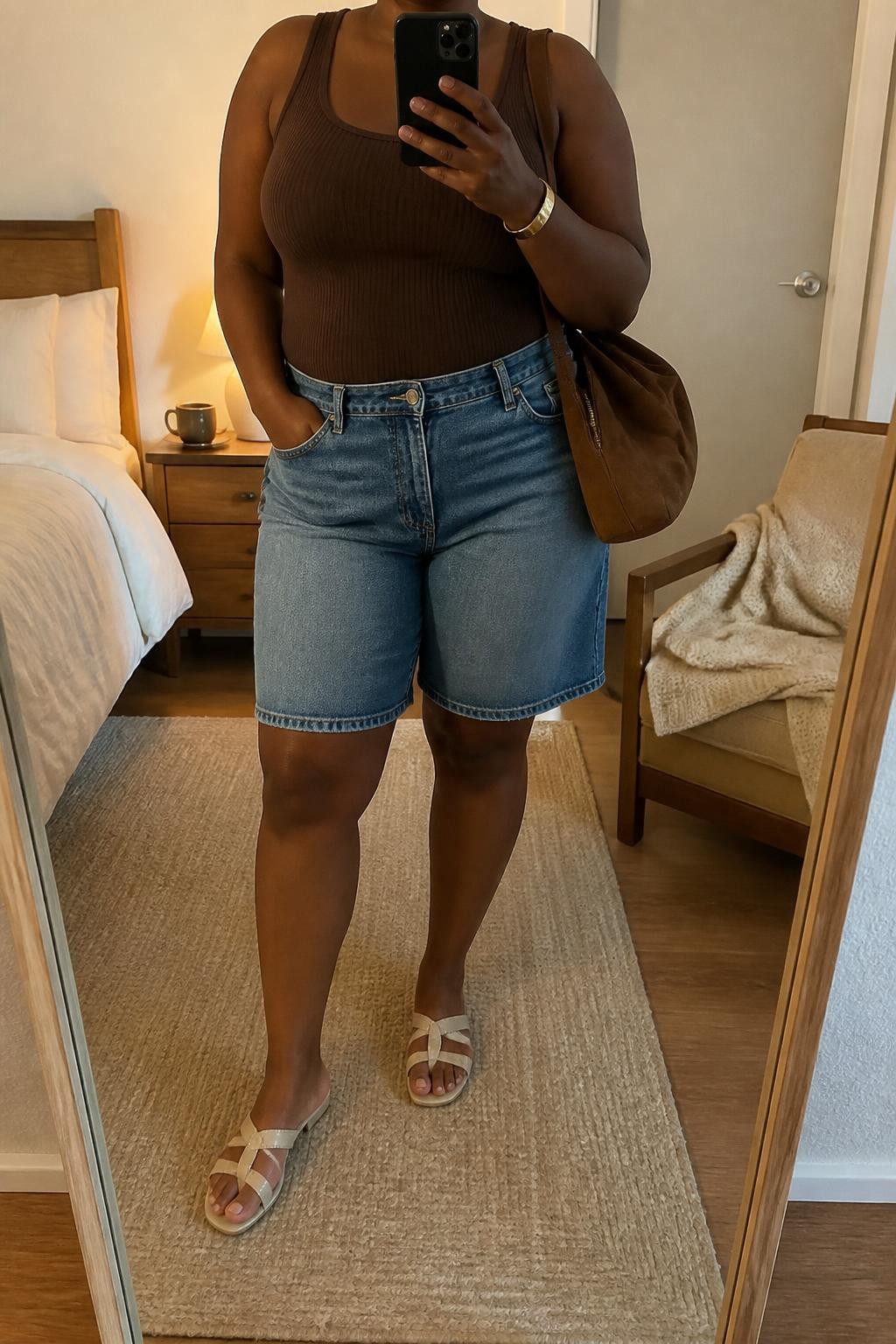 mirror selfie of a plus size Black woman wearing relaxed medium-wash blue denim jorts with a knee-length cut, a fitted chocolate brown ribbed tank top, cream flat leather sandals, a brown suede shoulder bag and a simple gold cuff bracelet, wearing exactly the listed clothing and accessories with no additions, holding a phone in front of a mirror, cropped at NECK so the face does not show, relaxed casual selfie pose, in a cozy bedroom mirror setup, evening golden hour, coffee mug on a bedside table and a folded blanket on a chair, natural warm-weather styling, latest iPhone photo quality.