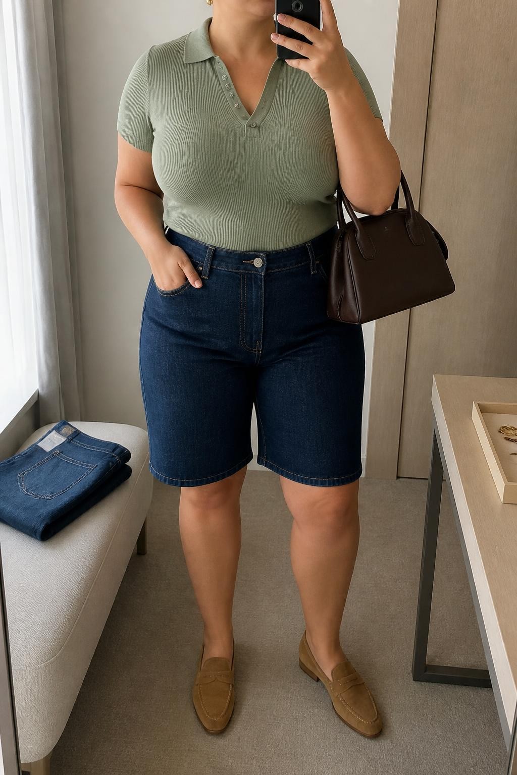 mirror selfie of a plus size woman with light olive skin wearing dark indigo straight-cut denim jorts, a fitted sage green short-sleeve fine-knit polo, tan suede loafers, a dark brown structured handbag and small gold stud earrings, wearing exactly the listed clothing and accessories with no extras, holding a phone in front of a mirror, cropped at NECK so the face does not show, relaxed polished selfie pose, in a minimal dressing room, natural window light, folded denim jeans on a bench and a jewelry tray on the vanity, realistic latest iPhone photo quality.