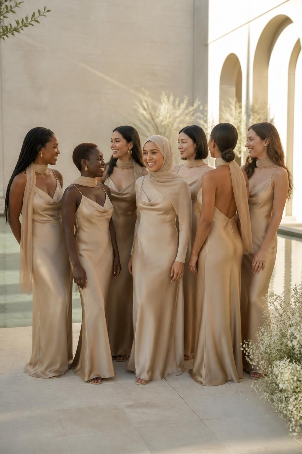 Realistic editorial wedding photograph of seven bridesmaids wearing champagne gold bias-cut satin slip dresses with matching narrow chiffon scarves, each scarf styled differently by wrapping loosely around the neck, tying at the back, draping over one shoulder, or allowing both ends to fall down the back, women with deep ebony, reddish brown, medium golden, South Asian olive, East Asian beige, warm tan, and fair rosy skin tones, petite, tall, curvy, slim, and plus-size figures shown naturally, bright relaxed faces with individual features, realistic pores and natural smiles, hairstyles including long locs, cropped coils, a softly wrapped hijab, sleek bob, braided bun, glossy ponytail, and loose waves, standing in a minimalist cream courtyard with a reflecting pool, sculptural white flowers, pale stone walls, and late-afternoon sunshine, natural satin ripples and slightly windblown scarves, candid conversation rather than identical posing.