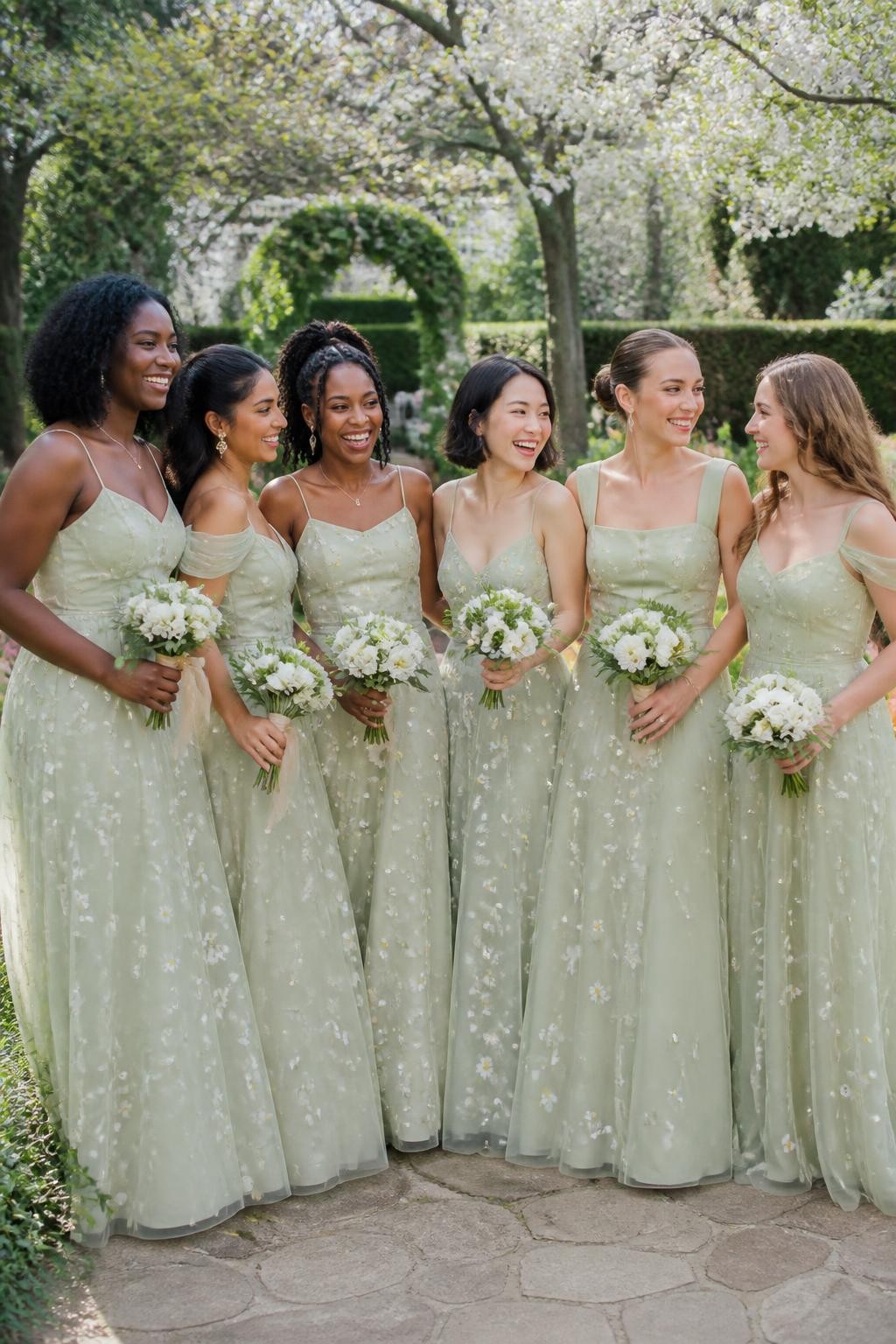 Realistic spring garden wedding photograph of six bridesmaids wearing pale pistachio organza gowns embroidered with small ivory daisies and tiny yellow centers, necklines varying slightly between narrow straps, soft square necks, and gentle off-shoulder shapes, fitted bodices and light layered skirts, women with deep ebony, dark warm brown, caramel, South Asian olive, East Asian fair, and pale rosy skin tones, naturally varied ages, heights, and body shapes, bright joyful faces with realistic skin detail, hairstyles including natural coils, braids, locs, sleek buns, short bobs, and soft waves, standing in an English-style garden with flowering trees, white chairs, trimmed hedges, and pale stone paths, diffused daylight passing through the organza, tiny embroidered flowers remaining clear and following the fabric naturally, relaxed group spacing and genuine laughter.