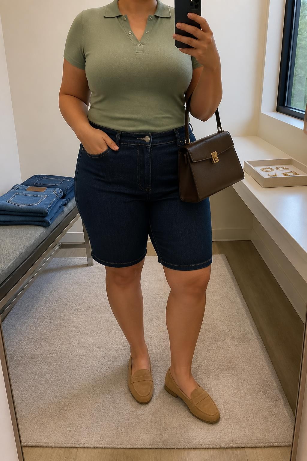 mirror selfie of a plus size woman with light olive skin wearing dark indigo straight-cut denim jorts, a fitted sage green short-sleeve fine-knit polo, tan suede loafers, a dark brown structured handbag and small gold stud earrings, wearing exactly the listed clothing and accessories with no extras, holding a phone in front of a mirror, cropped at NECK so the face does not show, relaxed polished selfie pose, in a minimal dressing room, natural window light, folded denim jeans on a bench and a jewelry tray on the vanity, realistic latest iPhone photo quality.