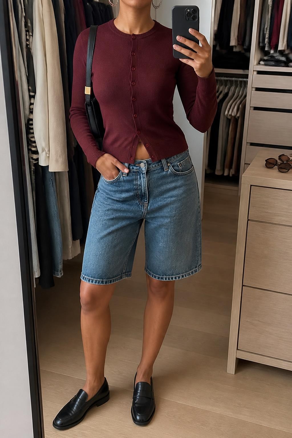 mirror selfie of a woman with medium brown skin wearing medium-wash straight-cut denim jorts, a fitted burgundy fine-knit cardigan buttoned as a top, black leather loafers with a slim sole, a black rectangular shoulder bag and medium silver hoop earrings, wearing exactly the listed clothing and accessories with no extra garments, holding a phone in front of a mirror, cropped at NECK so the face does not show, relaxed casual selfie pose, in a walk-in closet mirror, soft indoor lighting, open closet with clothes visible and sunglasses placed on a dresser, natural preppy-casual styling, latest iPhone photo quality.