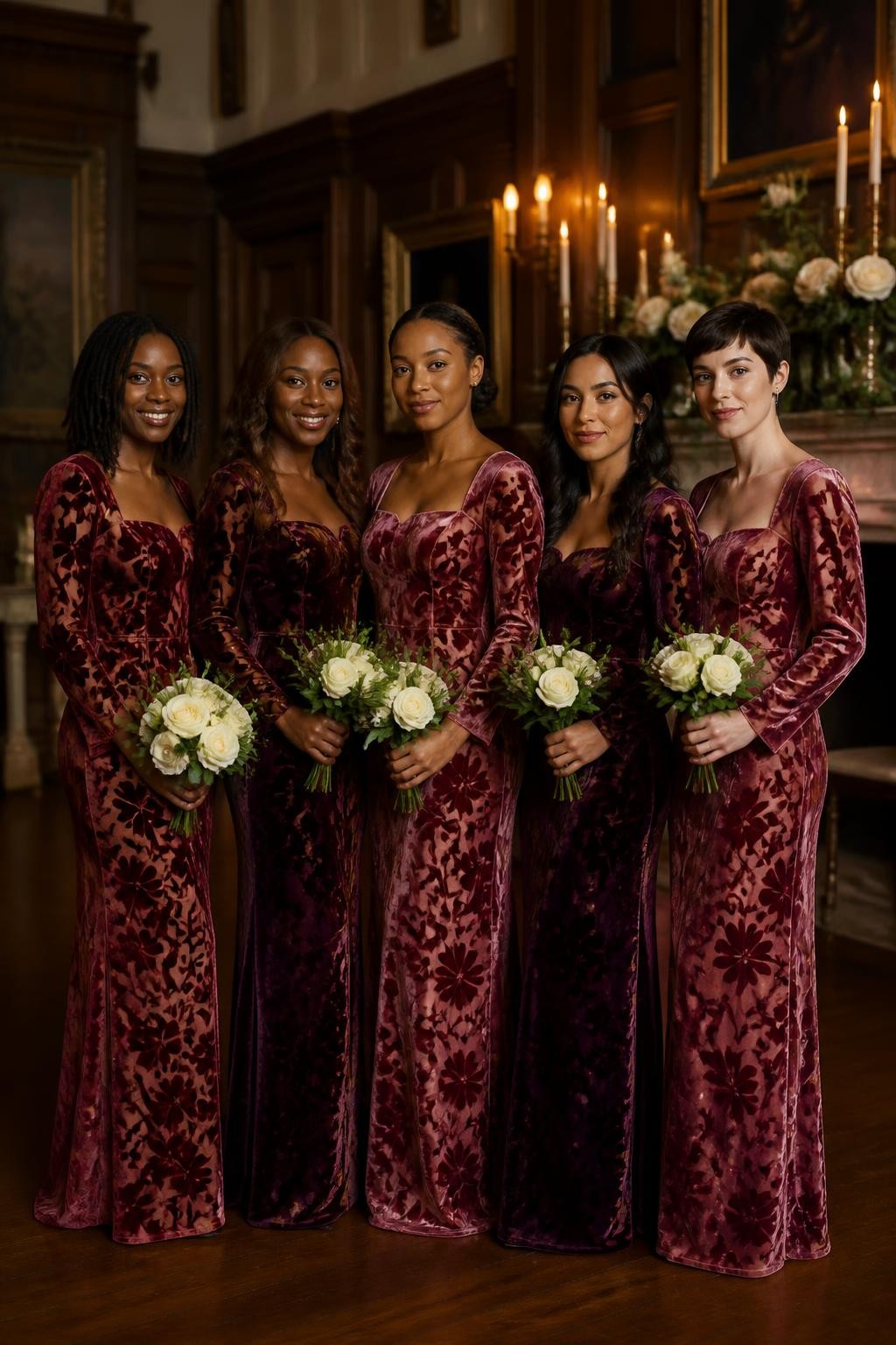 Realistic winter wedding portrait of five bridesmaids wearing deep rose and burgundy velvet burnout gowns with semi-sheer floral patterns woven through the sleeves and upper skirts, wide square necklines, fitted waists, and soft column silhouettes, women with very deep brown, warm mahogany, medium golden, olive, and pale rosy skin tones, bright elegant faces with realistic pores and softly defined makeup, hairstyles including shoulder-length locs, sculpted curls, low braided bun, glossy waves, and short pixie cut, standing inside a historic reception hall with dark wood walls, ivory taper candles, cream roses, antique brass, and evergreen foliage, warm side lighting revealing the velvet floral pattern and sheer sections, natural creases at the elbows and waist, sophisticated DSLR photography.