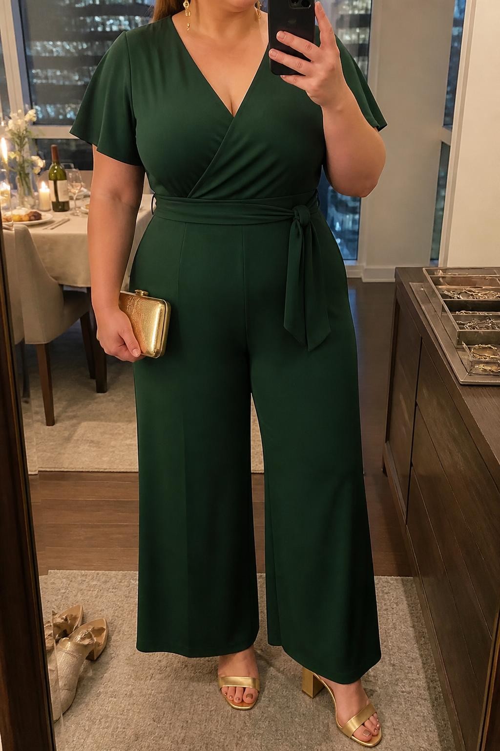 Mirror selfie of a plus size woman wearing a forest green wide-leg jersey jumpsuit with short flutter sleeves, a V-neckline, and a matching waist tie, metallic gold block-heel sandals, a small gold clutch, and delicate gold drop earrings, clearly showing the exact jumpsuit, green jersey, waist tie, gold footwear, and accessories listed, holding a phone in front of a mirror, cropped at the neck so the face does not show, relaxed polished selfie stance, in a stylish city apartment with soft indoor lighting, a jewelry tray on the dresser and a pair of heels on the floor nearby, realistic Thanksgiving dinner appearance, latest iPhone photo quality.