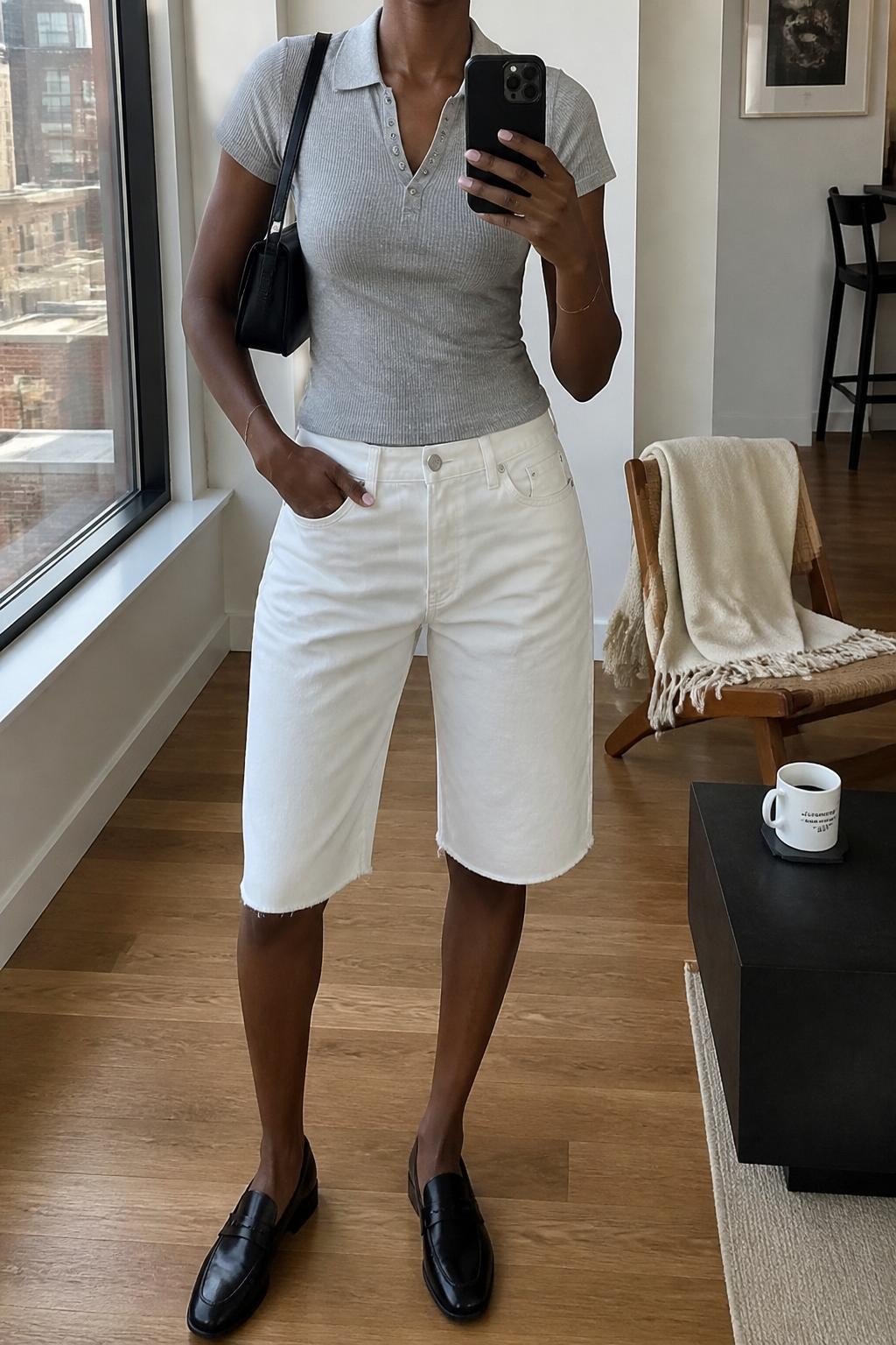 mirror selfie of a Black woman wearing long white denim jorts ending near the knee, a fitted heather gray short-sleeve fine-knit polo, black leather loafers, a black rectangular shoulder bag and small silver hoop earrings, wearing exactly the listed outfit with no extra garments, holding a phone in front of a mirror, cropped at NECK so the face does not show, relaxed polished selfie pose, in a stylish city apartment, natural window light, coffee mug on a side table and a folded blanket on a chair, realistic casual styling, latest iPhone photo quality.