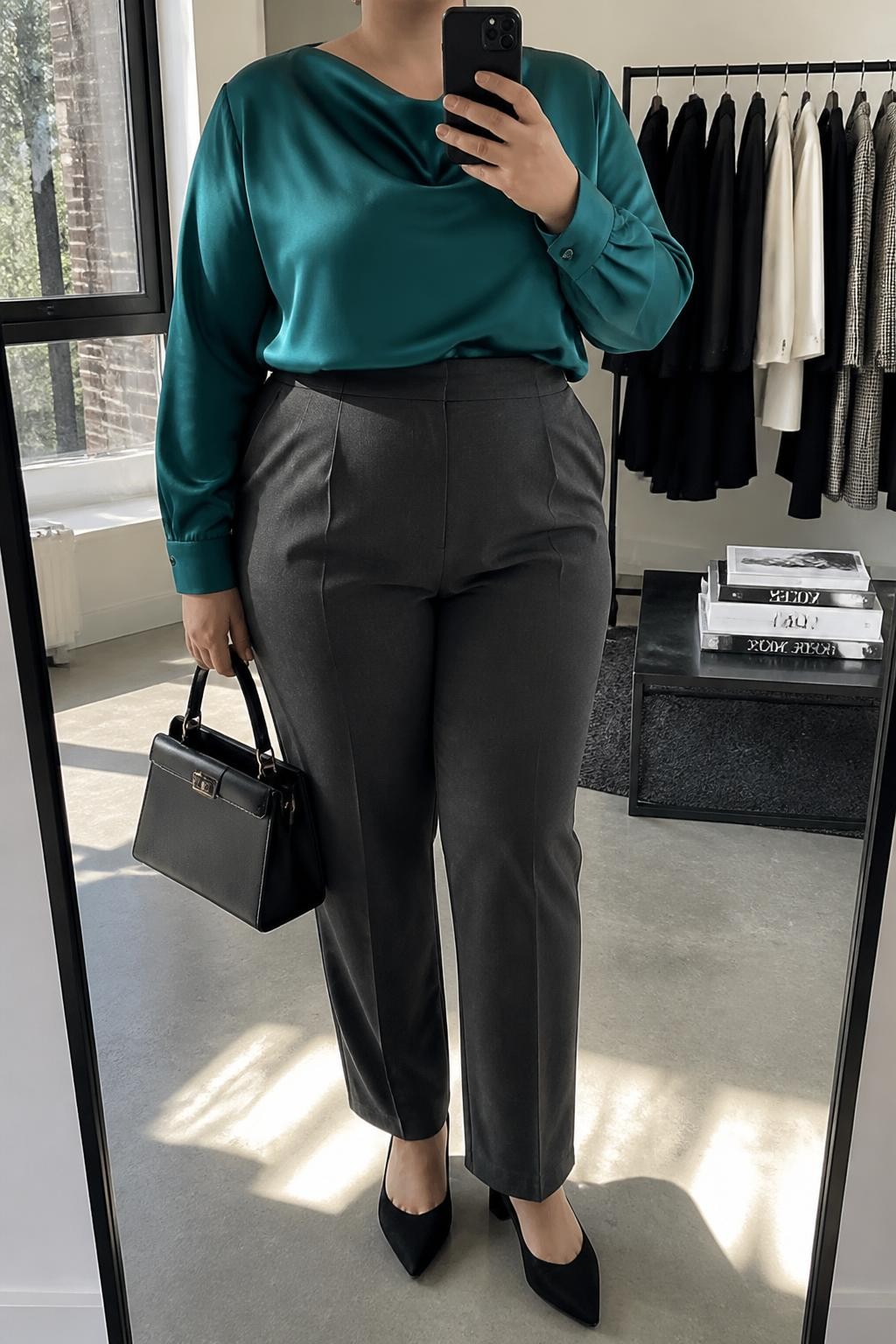 Mirror selfie of a plus size woman wearing a teal green satin blouse with long sleeves and a softly draped neckline, charcoal grey high-waisted cigarette trousers with an ankle-length cut, black pointed flats, a structured black top-handle bag, and small silver stud earrings, clearly showing the exact clothing items, teal satin, charcoal trousers, colors, footwear, and accessories listed, holding a phone in front of a mirror, cropped at the neck so the face does not appear, relaxed confident selfie pose, in a fashion studio mirror corner with natural window light, a clothing rack with garments behind her and a stack of fashion magazines on a side table, realistic creative-role interview outfit, latest iPhone photo quality.