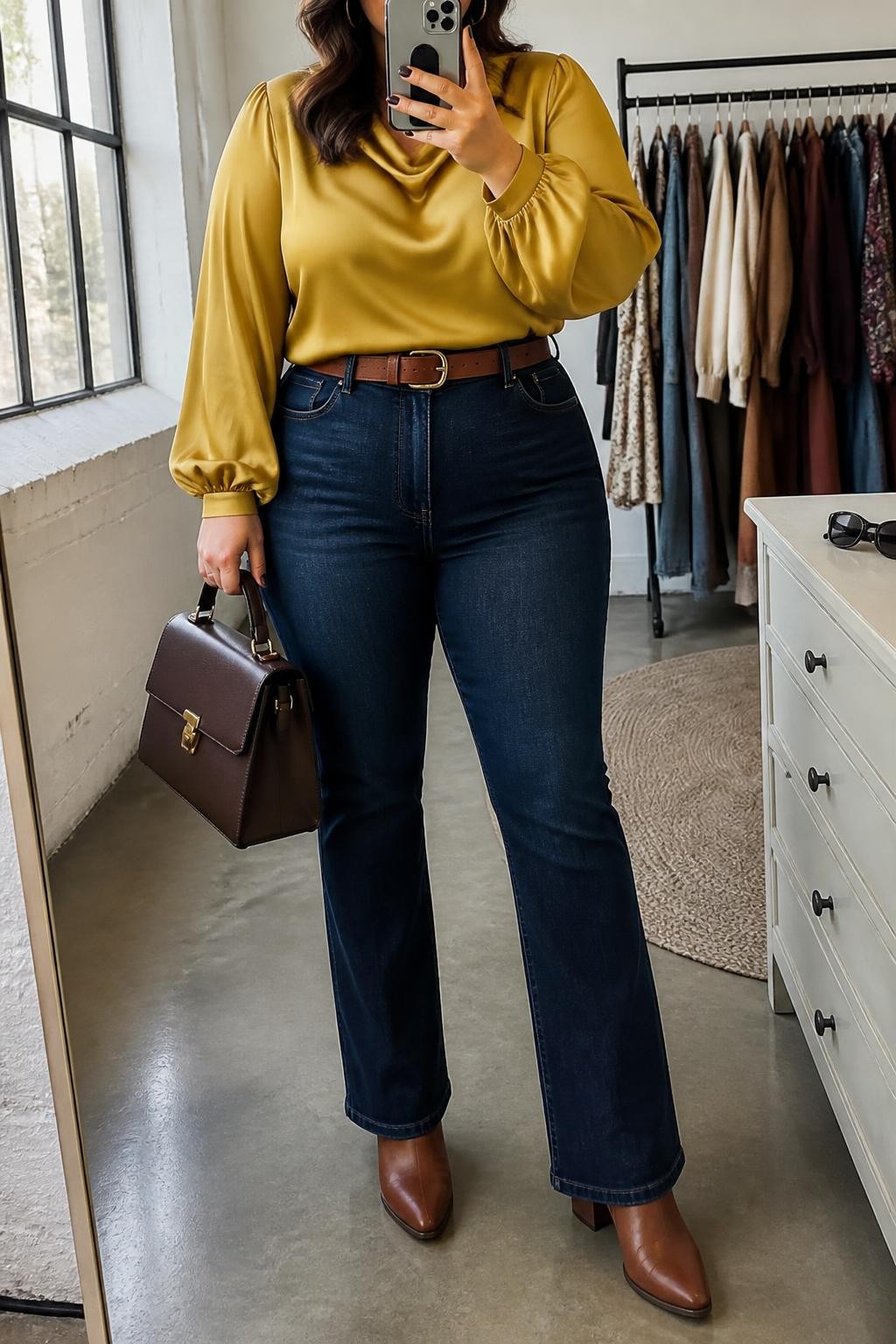 Mirror selfie of a plus size woman wearing a mustard yellow satin blouse with long balloon sleeves and a softly draped neckline, dark indigo high-waisted bootcut jeans, cognac brown leather ankle boots, a cognac leather belt, and a structured dark brown handbag, clearly showing the exact clothing items, mustard satin, dark denim, brown footwear, belt, and accessories listed, holding a phone in front of a mirror, cropped at the neck so her face is hidden, relaxed cheerful selfie pose, in a fashion studio mirror corner with natural window light, a clothing rack with garments behind her and sunglasses placed on a dresser, realistic casual Thanksgiving lunch outfit, latest iPhone photo quality.