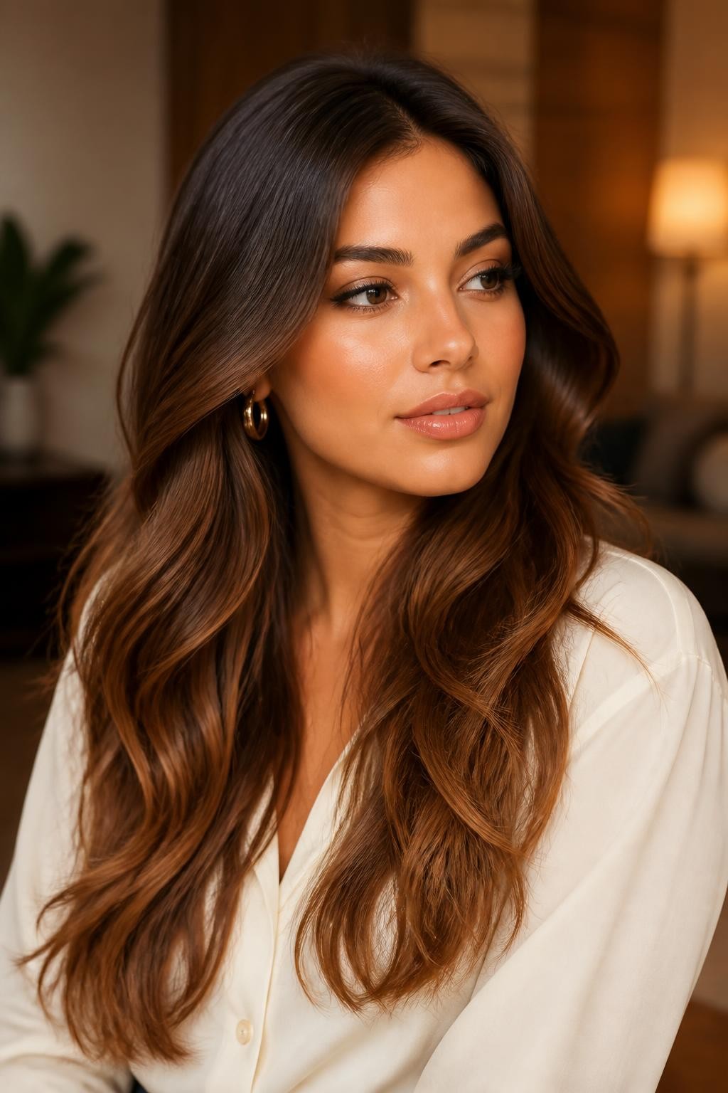 Image Prompt: A gorgeous brunette woman with long chestnut ombre hair, dark brown roots blending into warm chestnut brown lengths and lighter chestnut ends, soft layered waves, golden medium skin tone, peach-toned makeup, glossy lips, gold earrings, ivory blouse, warm indoor background, soft diffused lighting, realistic DSLR beauty portrait, detailed warm brown shine and movement, no text, (no watermarks on images)
