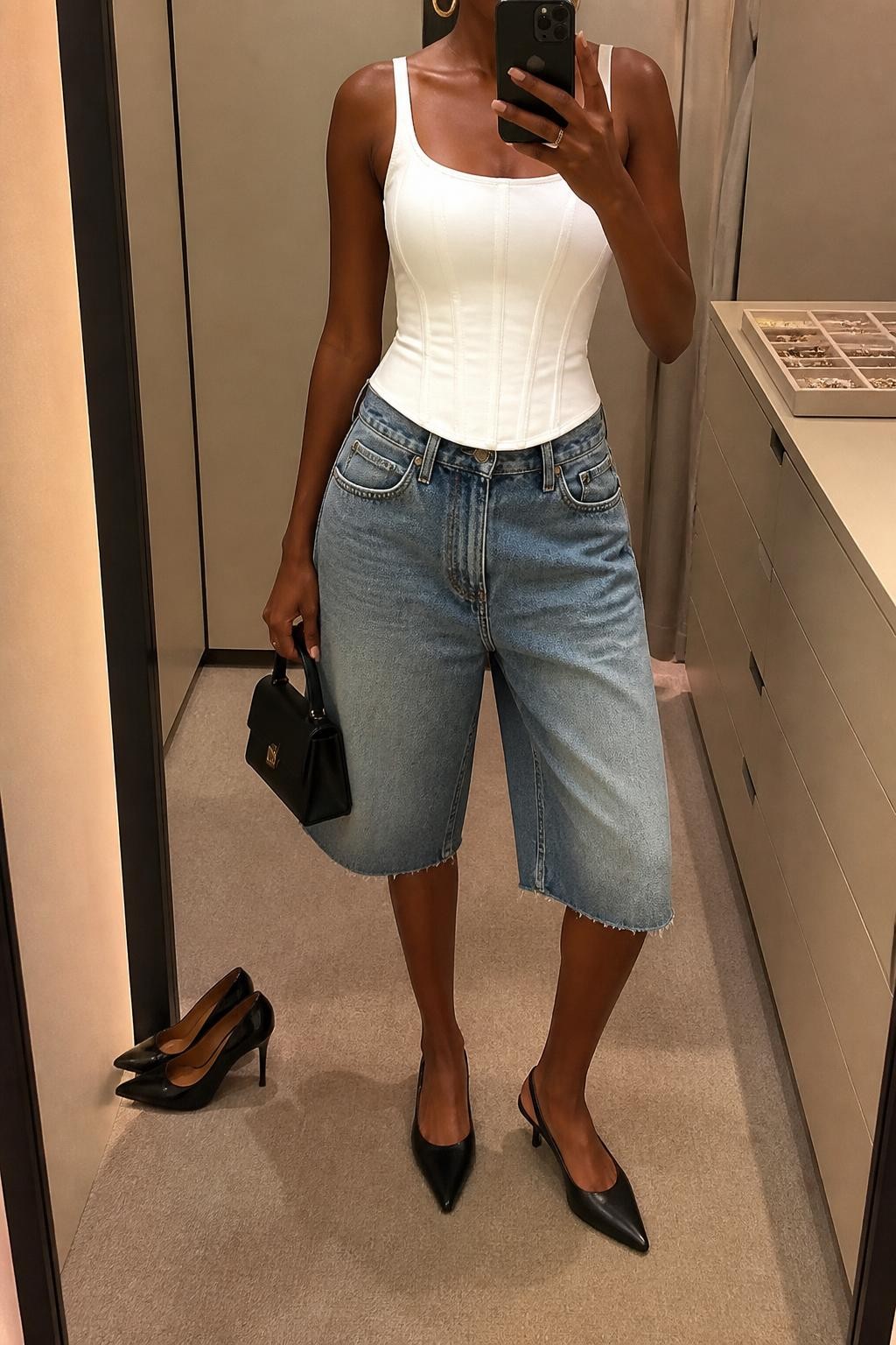 mirror selfie of a Black woman wearing extra-long loose blue denim baggy jorts ending below the knee, a fitted white cotton corset-inspired top with clean seam detailing, pointed black slingback flats, a structured black mini handbag and medium gold hoop earrings, wearing exactly the listed outfit with no extra clothing pieces, holding a phone in front of a mirror, cropped at NECK so the face does not show, relaxed casual selfie pose, in a minimal dressing room, evening golden hour, a pair of heels on the floor nearby and a jewelry tray on the vanity, natural realistic latest iPhone photo quality.