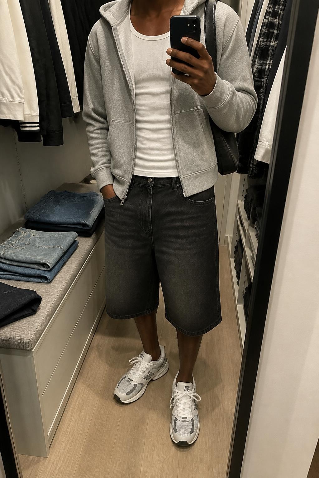 mirror selfie of a Black man wearing long straight-cut black denim jorts, a heather gray zip hoodie over a plain fitted white cotton tank, gray and white athletic sneakers and a compact black shoulder bag, wearing exactly the outfit pieces listed with no additional clothing or accessories, holding a phone in front of a mirror, cropped at NECK so the face does not show, relaxed casual selfie pose, in a walk-in closet mirror, soft indoor lighting, open closet with clothes visible and folded denim jeans on a bench, natural slightly imperfect styling, latest iPhone photo quality.