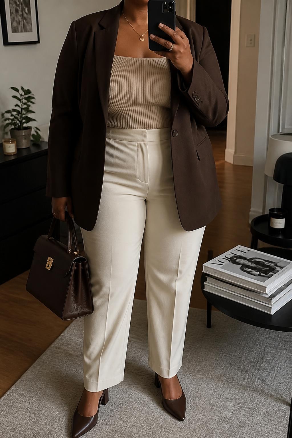 Mirror selfie of a plus size woman wearing a chocolate brown tailored blazer over a fitted beige square-neck knit top, ecru high-waisted straight-leg trousers, dark brown pointed block-heel pumps, and a structured chocolate leather handbag, clearly showing the exact clothing items, brown blazer, beige top, ecru trousers, footwear, and accessories listed, holding a phone in front of a mirror, cropped at the neck so the face does not show, relaxed sophisticated selfie pose, in a stylish city apartment with warm moody lighting, a stack of fashion magazines on a side table and a small plant on a dresser, realistic interview outfit, latest iPhone photo quality.